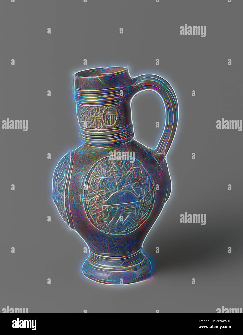 Jug with a coat of arms, medallions and foliate scrolls, Stoneware jug on high feet with an egg-shaped body and wide, long neck. The C-shaped ear is attached to the neck and shoulder. Profiles on the neck and foot. Covered with a brown engobe. On the belly three times in relief a printed and imposed medallion with a weapon in it. The weapon consists of a zigzag band with inverted tilt. The shield is surrounded by leaf vines and a helmet with an arrow in hand is used as a helmet sign. On the top the inscription 'WINANT VON KREPS / 84'. On the neck an imposed band with portraits or masks in meda Stock Photo