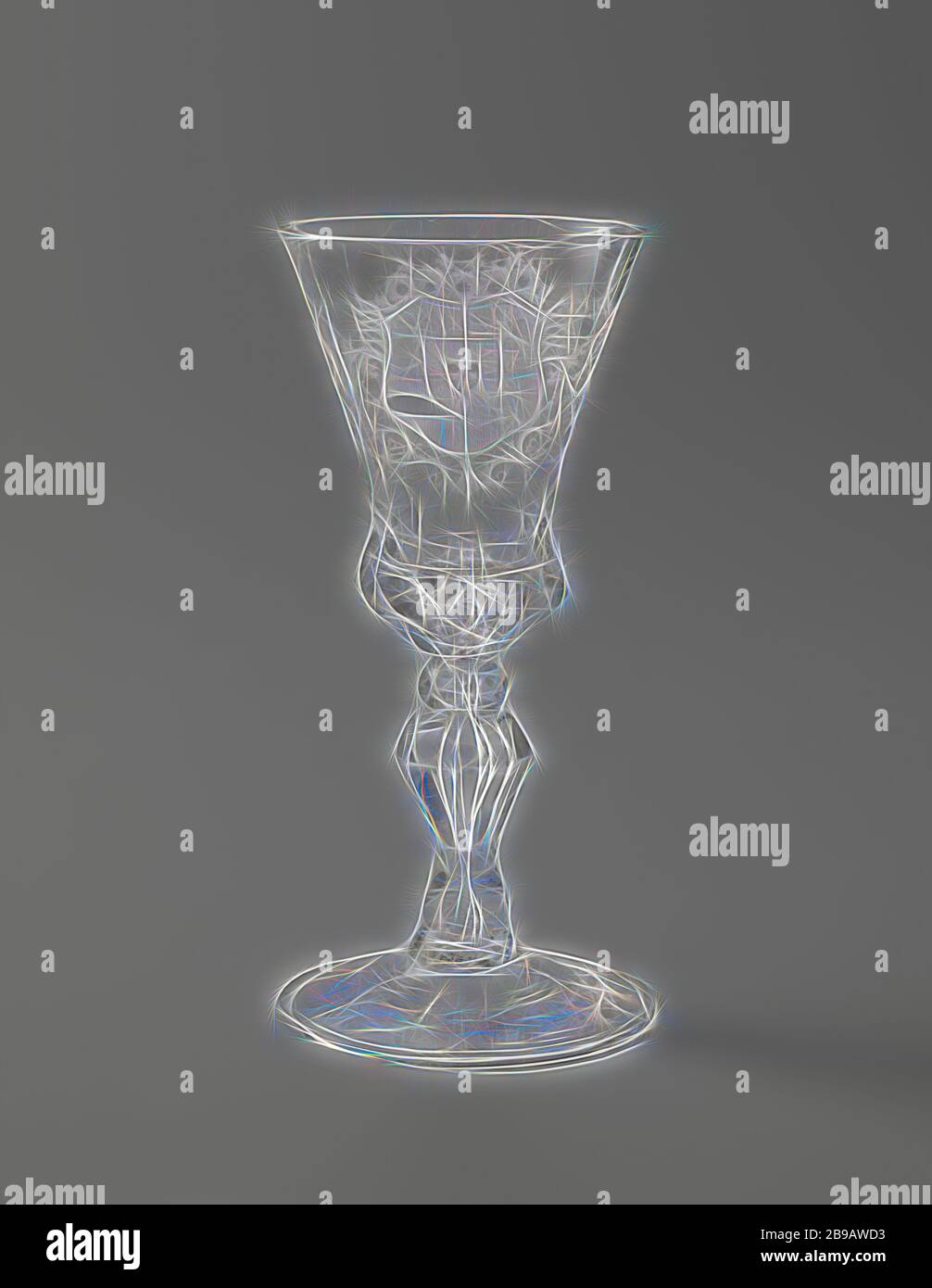 Wine glass with the arms of William IV Cup with the arms of Willem IV, Flat base with folded edge. Faceted, baluster-shaped trunk with two knots and a tear. Bell-shaped cup with a facet-cut underside. On the chalice, among tendrils, the coat of arms of Stadholder Prince William IV (1711-1751) crowned with five sunflowers. On the reverse of the glass the inscription: VIVAT // W.C.H. FRISO. PRINSE. // STADH. CAPT & ADM. // GENER, coat of arms (symbol of sovereignty), William IV (Prince of Orange-Nassau), anonymous, c. 1730 - c. 1750, glass, glassblowing, h 17.0 cm × d 8.3 cm, Reimagined by Gibon Stock Photo