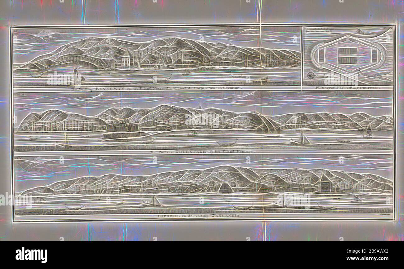 Three fortresses in the Moluccas, The Beverwyk fortress on the island of Noesa-Laoet, with the Sila and Leynitoe villages / Plan of the Duurstede Fortress / De Fortres Duurstede on the island of Honimoa / Haroeko, and the Fortress Zeelandia (title on object), Sheet with three coastal views with fortresses of the VOC on islands of the Moluccas. Top right a map of a fortress. These are: Fort Beverwijk on Nusa Laut, Fort Duurstede on Saparoea (Honimoa) and Fort New Zealandia on Haruku. The images are numbered XX, XXIIA, XXIIB and XXIV. Illustration from: Description of Amboina (1724), fortress, i Stock Photo