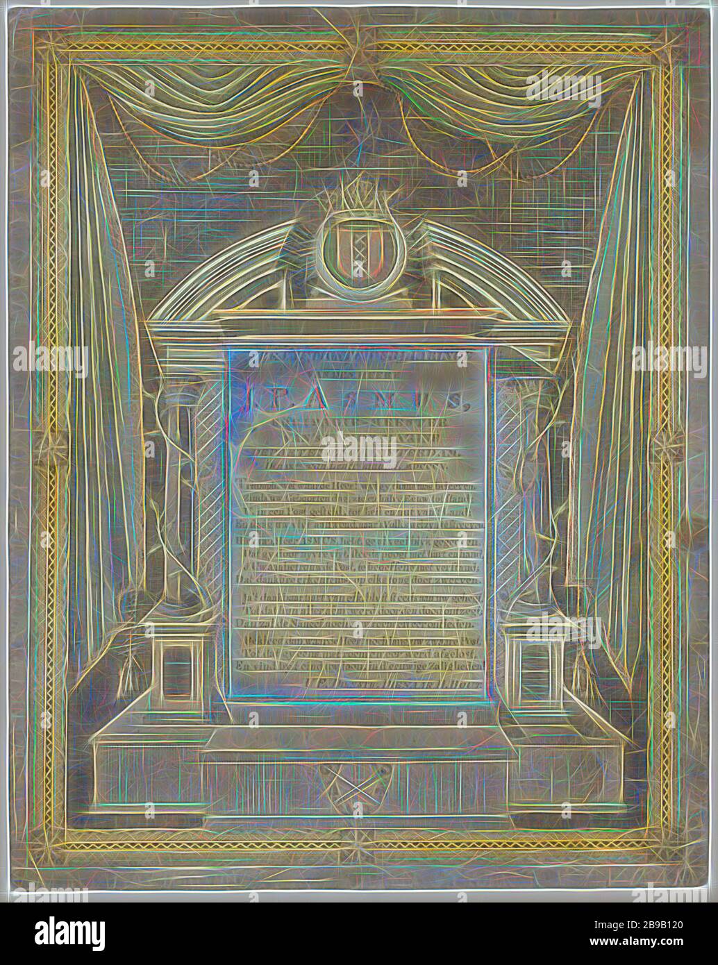 Poem on the fiftieth birthday of the equipage master of the Dutch navy, department of Amsterdam, Joachim Pieter Asmus, Central the inscription and the 14-line poem. Around it is a gate with a pillar crowned with the Amsterdam coat of arms on the left and right. Far left: drapery. The representation is painted on the reverse in the colors: red, green, blue and black. If the poem is held up to the light, the entangled letters P J A, from the reverse, are visible, Amsterdam, Jochem Pietersz. Asmus, H. Bout, 9-Mar-1805, paper, ink, watercolor (paint), writing (processes), h 46 cm × w 37 cm, Reimag Stock Photo