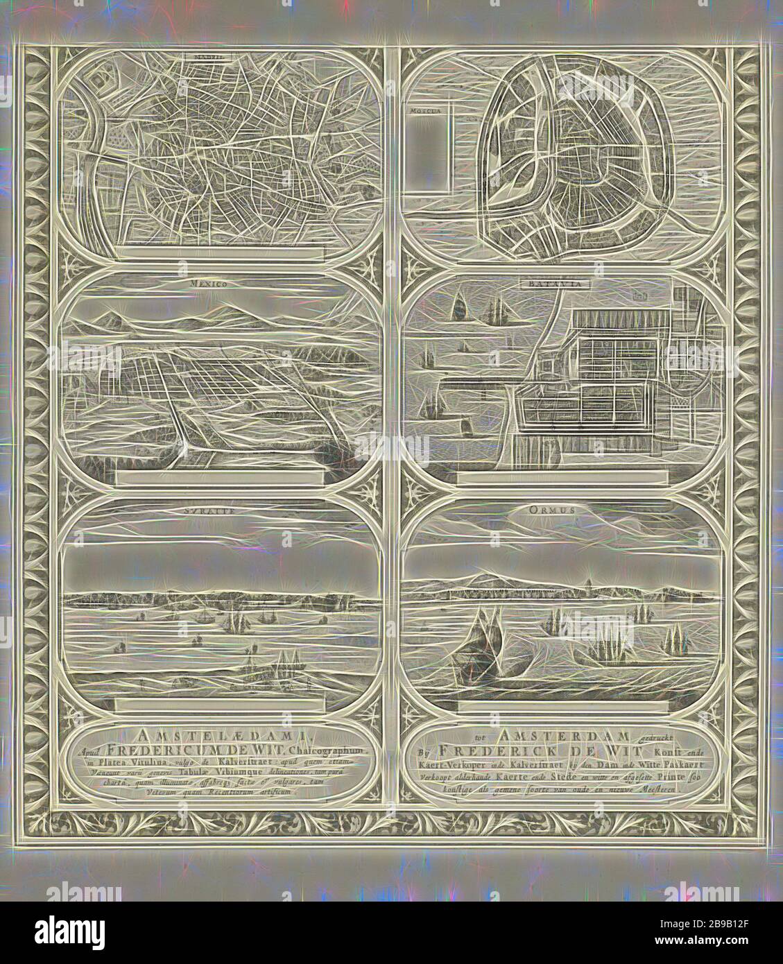 Madril / Mexico / Svratte / Moscua / Batavia / Ormus (title on object), Sheet with two vertical strips, each with three floor plans of or views of the cities of Madrid, Mexico, Suratte, Moscow, Batavia and Hormoz. Below the address of the publisher in Latin and Dutch. Uncut leaf with six border figures intended to be glued in strips as a frame to map a continent, maps of cities, prospect of city, town panorama, silhouette of city, Madrid, Batavia, Mexico City, Hormoz, Jazireh-ye, anonymous, Amsterdam, 1670 - 1672, paper, etching, h 453 mm × w 426 mm, Reimagined by Gibon, design of warm cheerfu Stock Photo
