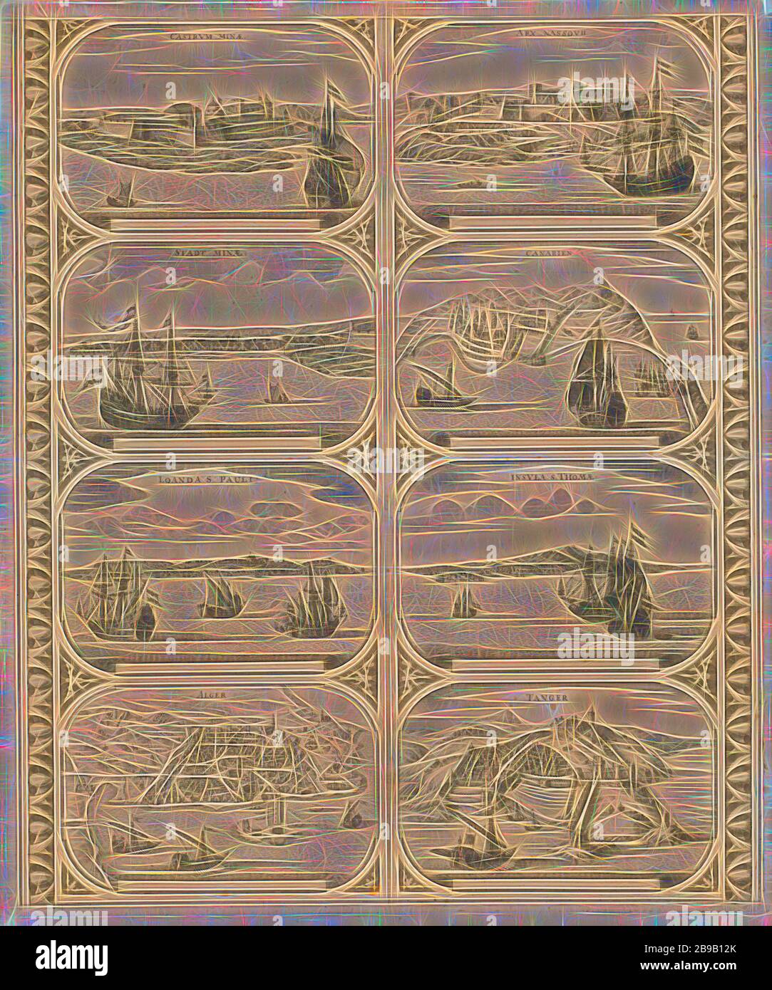 Castrvm Minae / Stadt Minae / Loanda S. Pauli / Alger / Arx Nassovii / Canarien / Insvla S. Thomae / Tanger (title on object), Sheet with two vertical strips, each with four views of the cities in Africa: Elmina, Fort Elmina, Luanda, Algiers, Fort Nassau on the Gold Coast, Canary Islands, Sao Tome and Tangier. Uncut leaf with eight peripheral figures intended to be glued in strips as a frame around a map of a continent, maps of cities, prospect of city, town panorama, silhouette of city, Elmina, Fort Nassau, Sao Tome, Tangier, anonymous, Amsterdam, 1670 - 1672, paper, etching, h 520 mm × w 435 Stock Photo