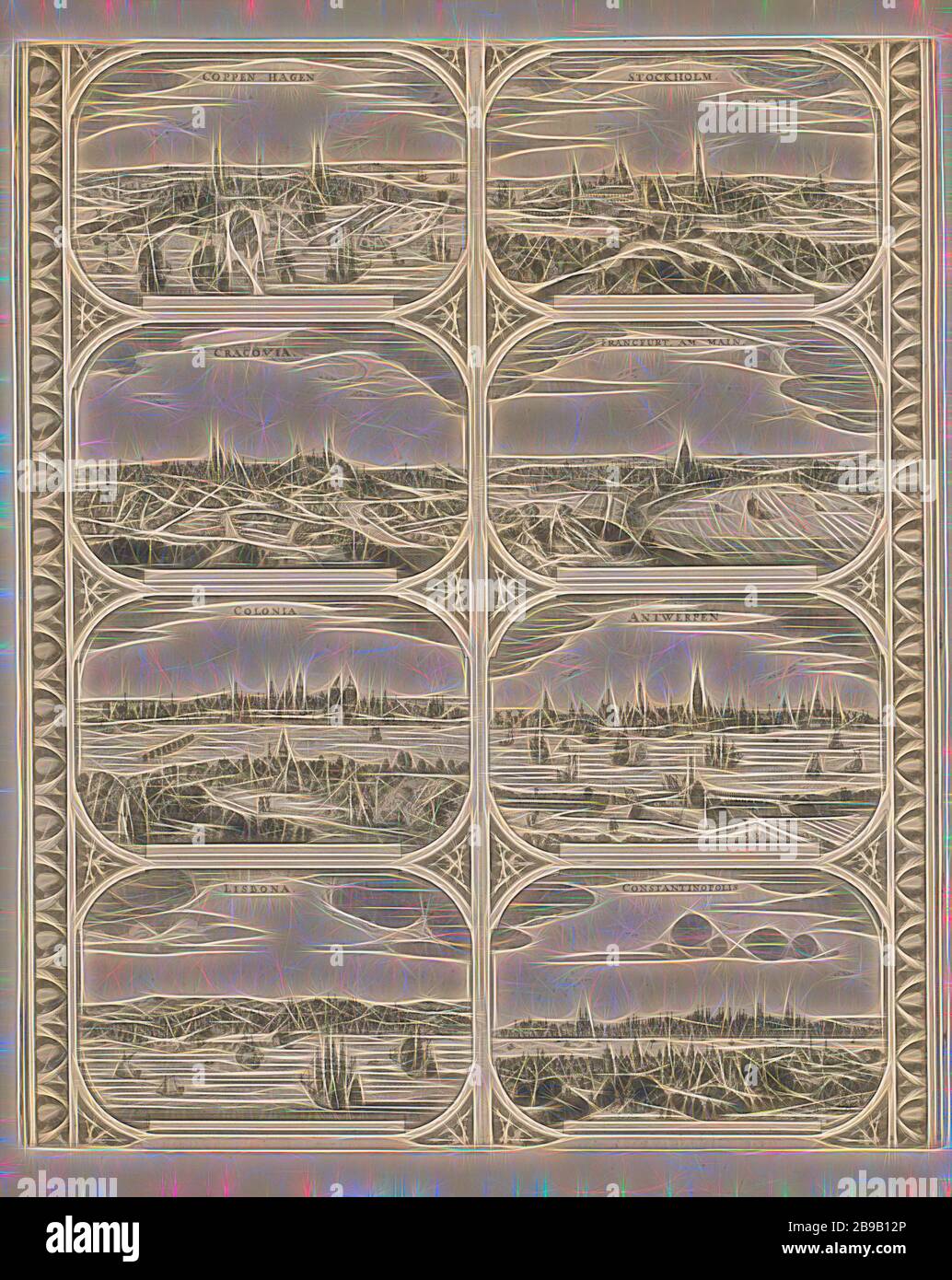 Coppen Hagen / Cracovia / Colonia / Lisbona / Stockholm / Francfurt am Main / Antwerp / Constantinopolis (title on object), Sheet with two vertical strips, each with four views of cities in Europe: Copenhagen, Krakow, Cologne, Lisbon, Stockholm, Frankfurt am Main, Antwerp and Constantinople. Numbered lower right: 2. Uncut sheet with eight peripheral figures intended to be glued into strips as a frame around a map of a continent, maps of cities, prospect of city, town panorama, silhouette of city, Copenhagen, Antwerp, Constantinople, anonymous, Amsterdam, 1670 - 1672, paper, etching, h 512 mm × Stock Photo