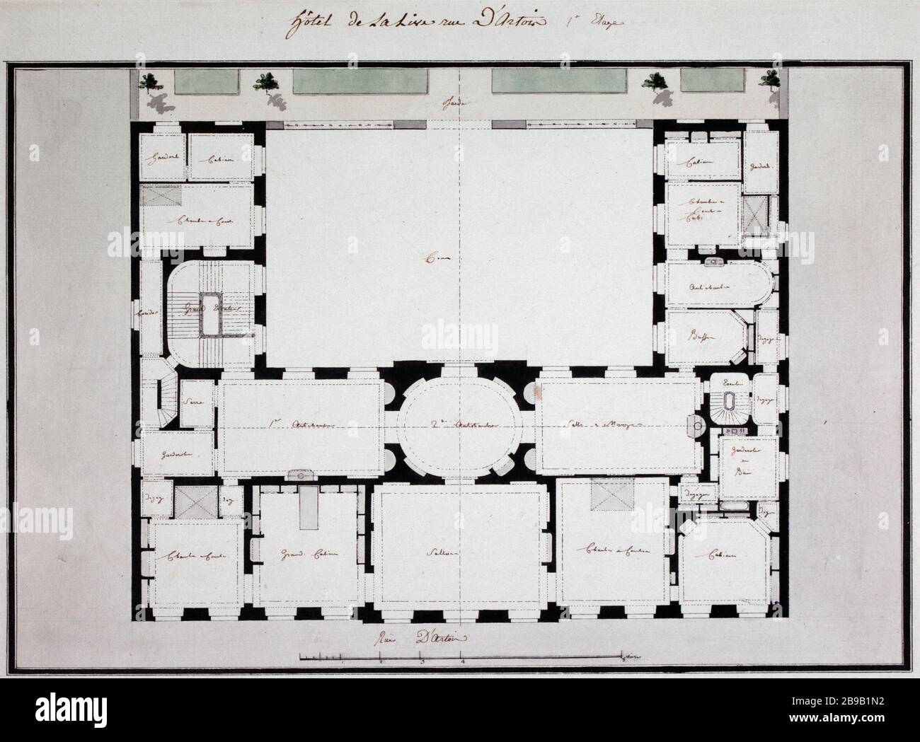 Hotel La Rue d'Artois Live Jean-Benoit-Vincent Barré (1735-1824). 'Hôtel de La Live rue d'Artois'.  Premier étage. Plume lavis, fin XVIIIème siècle. Paris, musée Carnavalet. Stock Photo