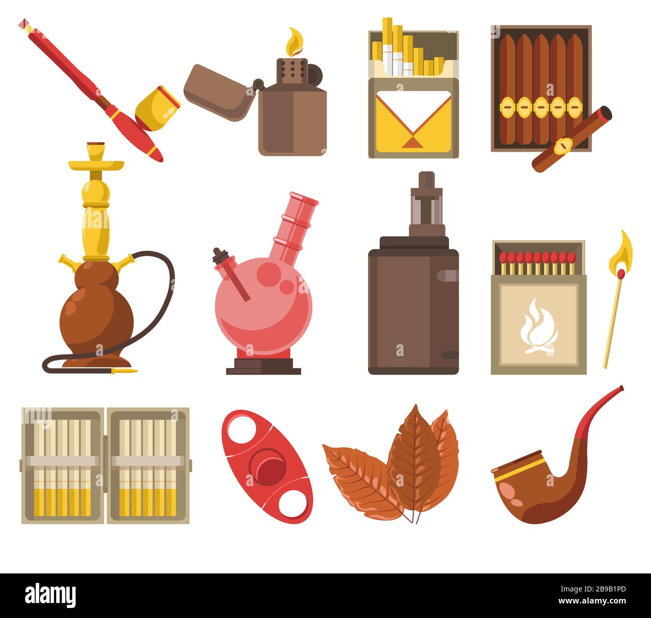Smoking devices and tobacco products isolated icons, pipe and hookah Stock Vector