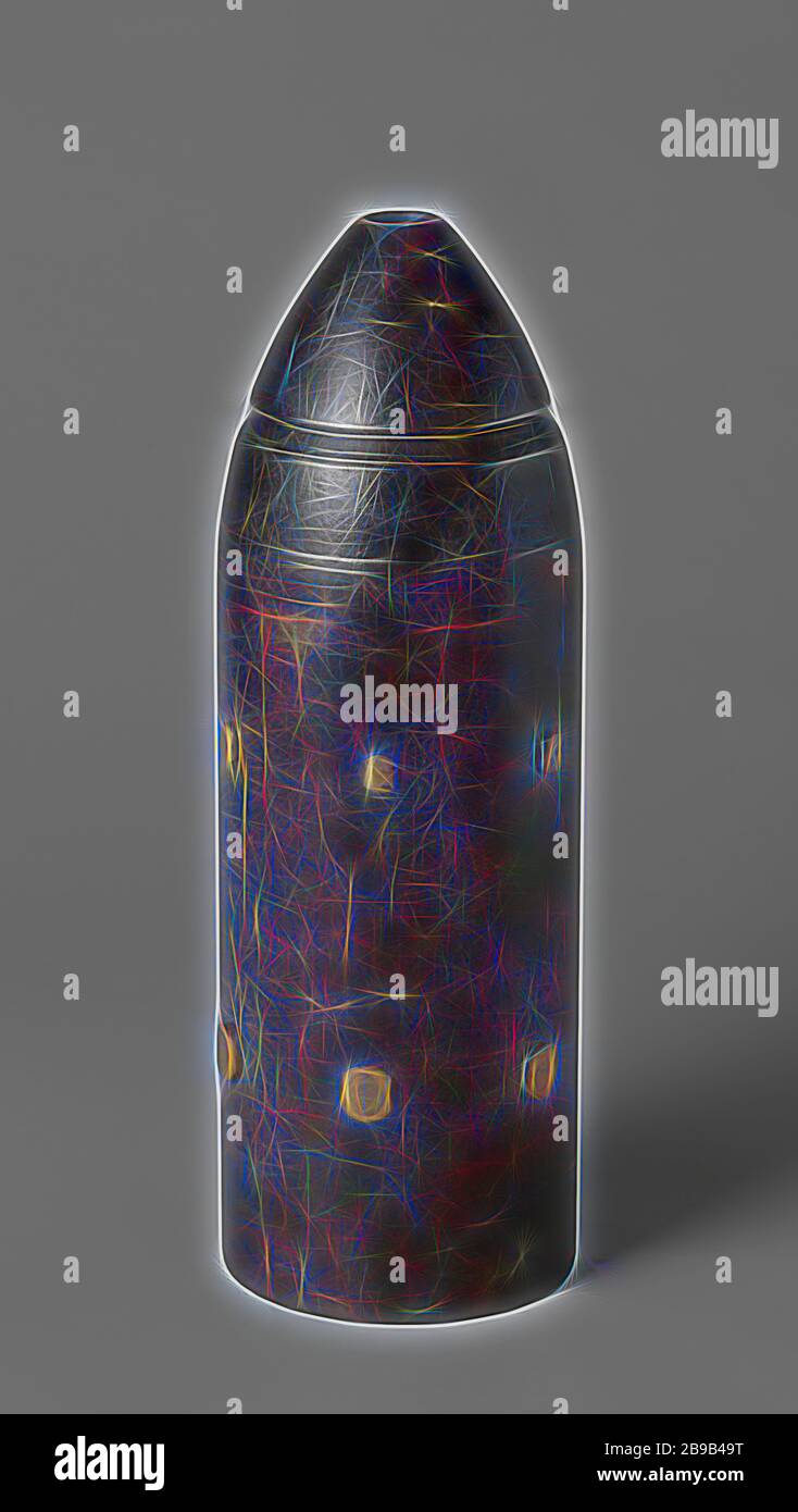 23-cm Shell, Point-shaped 23 cm grenade. The grenade is 67.4 cm long and has a caliber of 226 mm. He has two rings of pressed-in cams for a drawn barrel with six pulling fields and a tube hole in the nose, filled with a plug. At the top is a groove for the ammunition tap. This grenade is a Common shell MK I 9 inch RML., Royal Laboratory, Woolwich, 1866, iron (metal), bronze (metal), brass (alloy), wood (plant material), l 67.4 cm × d 22.6 cm × w 104.4 kg, Reimagined by Gibon, design of warm cheerful glowing of brightness and light rays radiance. Classic art reinvented with a modern twist. Phot Stock Photo