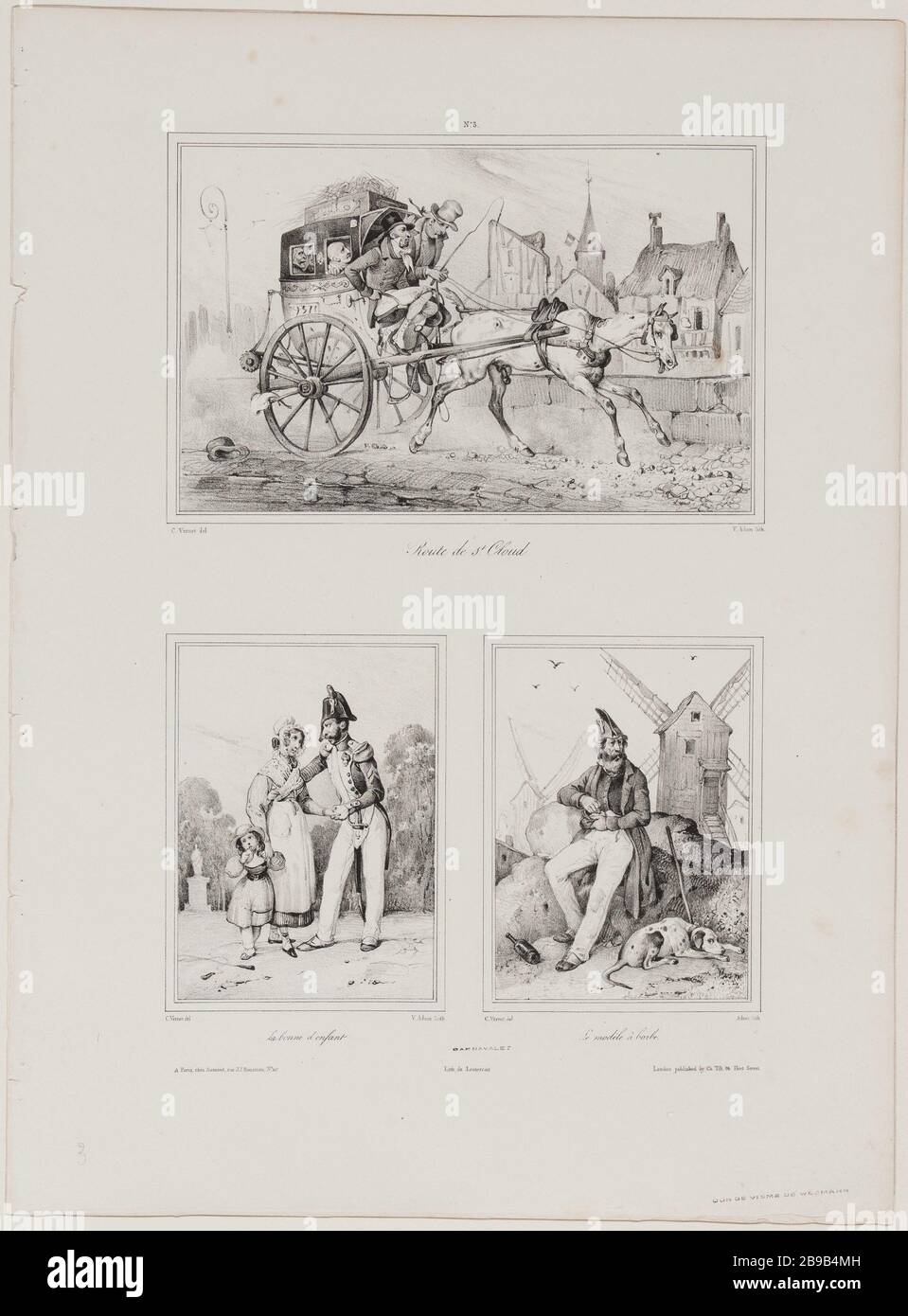 Album Scenes and Costumes various Route de St. Cloud / The nanny / The cotton model Jean-Victor Adam, dit Victor Adam (1801-1866), peintre et lithographe français. Album 'Scènes et Costumes divers' : Route de St. Cloud La bonne d'enfant Le modèle à barbe. Lithographie en noir et blanc, XIXème siècle. Paris, musée Carnavalet. Stock Photo