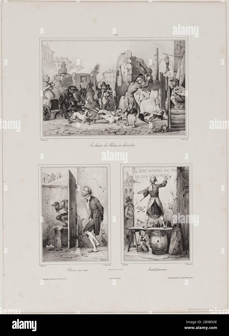 Album Scenes and Costumes various: dog Dance messy / take turns / unnecessary precaution Jean-Victor Adam, dit Victor Adam (1801-1866), peintre et lithographe français. Album 'Scènes et Costumes divers' : La danse des chiens en désordre, chacun son tour, inutile précaution. Lithographie en noir et blanc, XIXème siècle. Paris, musée Carnavalet. Stock Photo