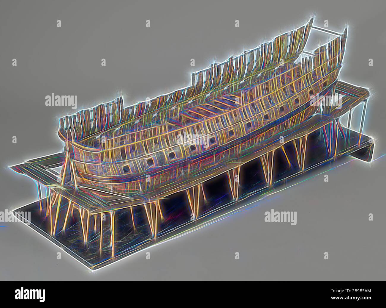 Scaffolding Model of a 60 to 68-Gun Ship, Truss model of the hull of a ship on a slope surrounded by wooden scaffolding, on a sloping ground board. The skin of the model has been omitted so that the nine-part frames are visible. As far as can be distinguished, the model has sixty-six artillery gates divided over three decks, which are only indicated by the gates, except for the lower deck, for which deck beams are also fitted. Twisted mirror with two gates, hollow wulf, no fence details or side galleries. The sheer runs slightly to both ends, a bar wood. Flat round. Striking is the replacement Stock Photo