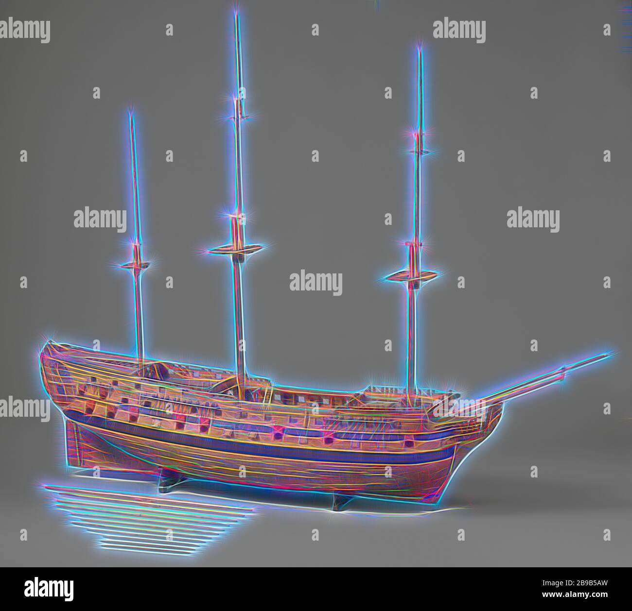 Model of a 74-Gun Ship of the Line, Detailed detailed construction model of the hull in two stacked halves, with loose round timber. Seventy-four gun ports spread over three decks, five decks in total, with full bombardment and many equipment, some parts numbered. On the elaborate galleon a crowned lion as figurehead, four conveniences, a sea horse and fish between the slobles. Twisted mirror and hollow wulf with two gates, fence and side gallery of two floors, entirely decorated with carvings of allegorical figures, praises and weapon trophies. Straight rudder equipped with suckers, with squa Stock Photo