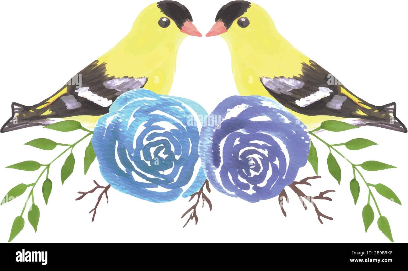American goldfinch couples on rose twigs- seamless flowers and yellow birds Stock Vector