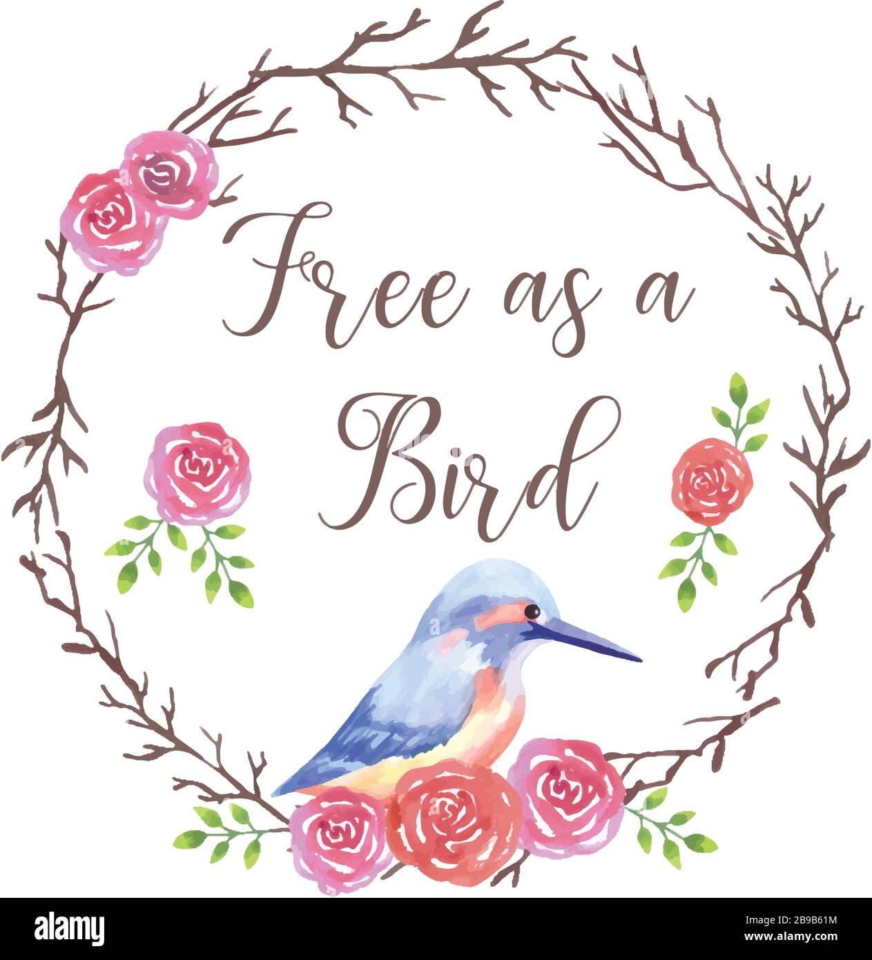 Kingfisher sitting on a rose flower wreath motivational quote Stock