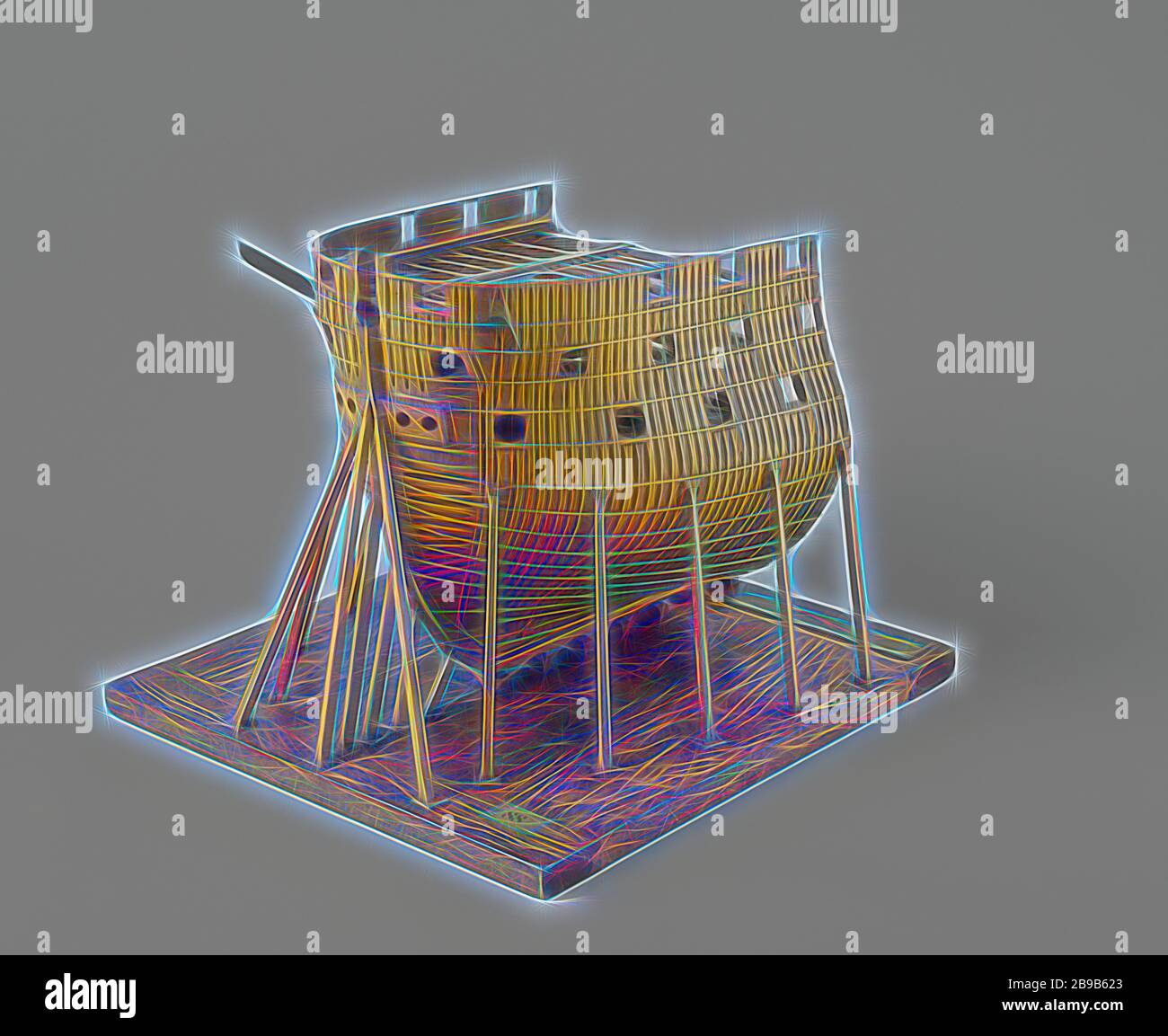 Model of the Bow of an 84-Gun Ship of the Line, Technical model that demonstrates Sir Robert Seppings' cross bond construction, stacked on a ground board. Front ship with two crane beams and four vault plates, which are located between horizontal bands. Bowed prow, grounding around. Cow bridge deck, two artillery decks and bucket deck: the top three decks have a diagonal warp in the web, the deck beams are supported by brass knees. Beting on the lower gun deck. Thirteen-part trusses with cross-bracing. No skin, but sentenced. A number of braces is missing. De Zeeuw (ship), Rijkswerf Vlissingen Stock Photo