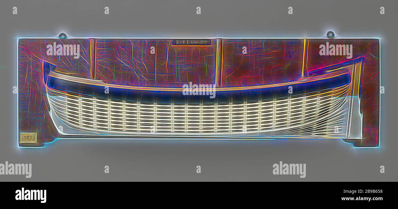 Half Model of a Koff, Polychromed mold model (port) of a three-master. The large number of truss jigs is striking. The skin above the bar wood is closed. Round stern, straight helm with tiller over the deck. The sheer goes up to both ends, one barwood. Round truss with flat bottom. Scale approx. 1:36 (derived)., anonymous, Netherlands, c. 1780 - c. 1820, wood (plant material), h 35.5 cm × l 111 cm × w 13 cm, Reimagined by Gibon, design of warm cheerful glowing of brightness and light rays radiance. Classic art reinvented with a modern twist. Photography inspired by futurism, embracing dynamic Stock Photo