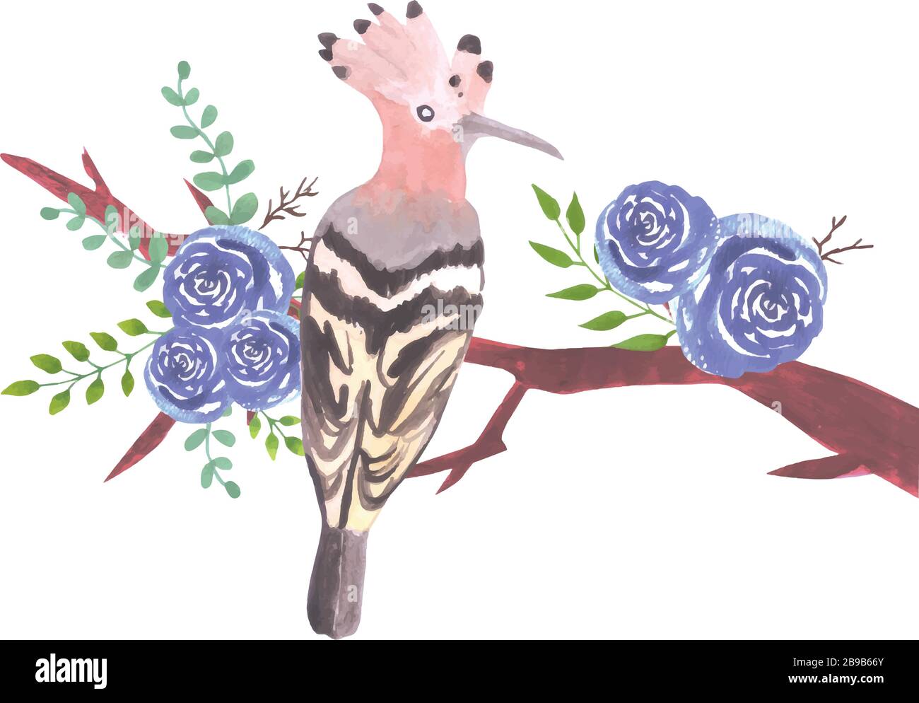 Hoopoe bird on a floral branch with blue roses and leaves watercolor painting Stock Vector