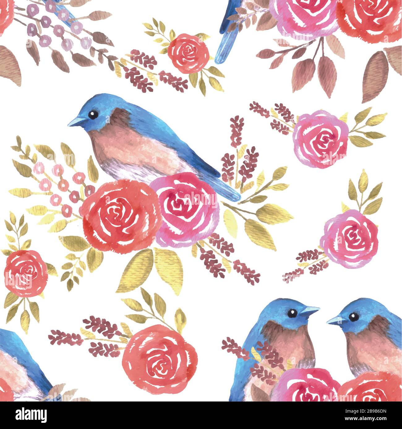 Eastern bluebird or Sialia sialis couple on seamless rose pattern watercolor background Stock Vector