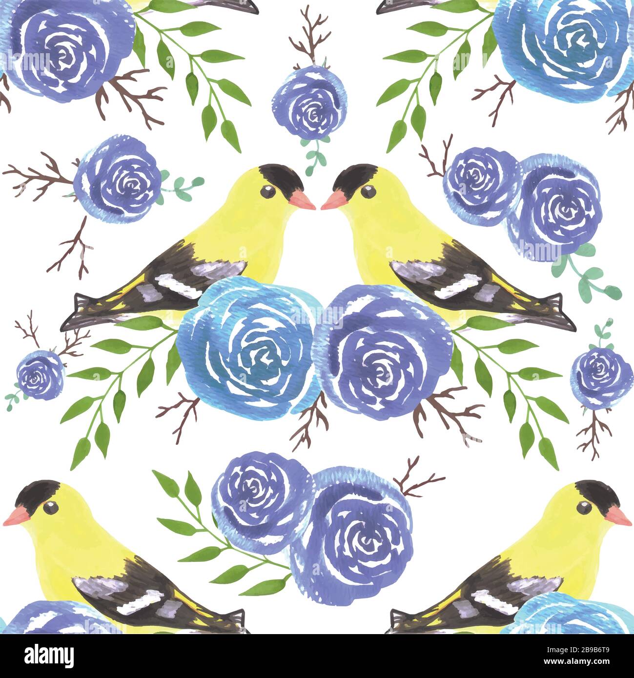 American goldfinches on rose twigs- seamless flowers and yellow birds Stock Vector