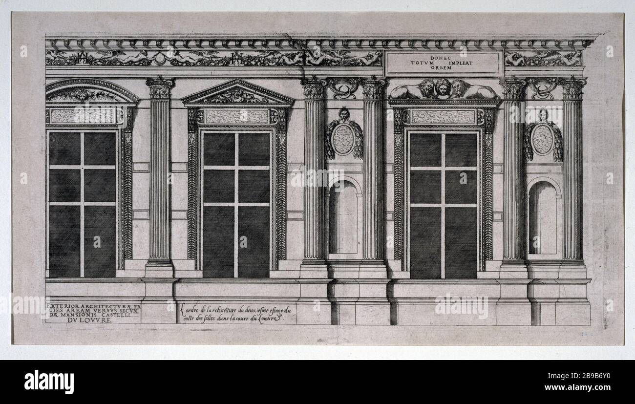 THE ORDER OF THE ARCHITECTURE OF THE SECOND FLOOR OF THE COAST IN THE COURT ROOM LOUVRE Jacques Ier Androuet du Cerceau (1515-1584). 'L'ordre de l'architecture du deuxième étage du côté des salles dans la cour du Louvre'. Gravure. Paris, musée Carnavalet. Stock Photo