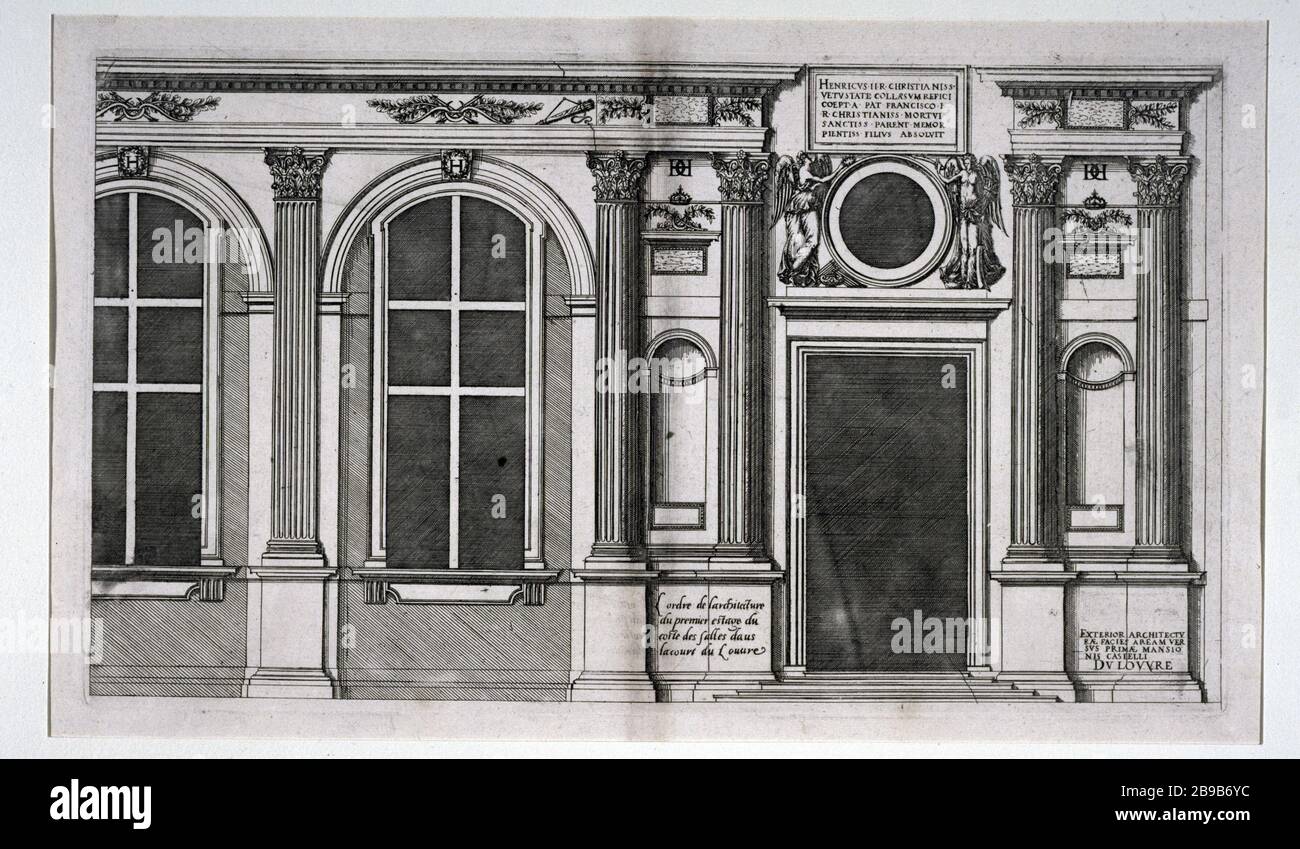 THE ORDER OF THE ARCHITECTURE OF THE FIRST FLOOR SIDE ROOM IN THE COURT OF LOUVRE Jacques Ier Androuet du Cerceau (1515-1584). 'L'ordre de l'architecture du premier étage du côté des salles dans la cour du Louvre'. Gravure. Paris, musée Carnavalet. Stock Photo