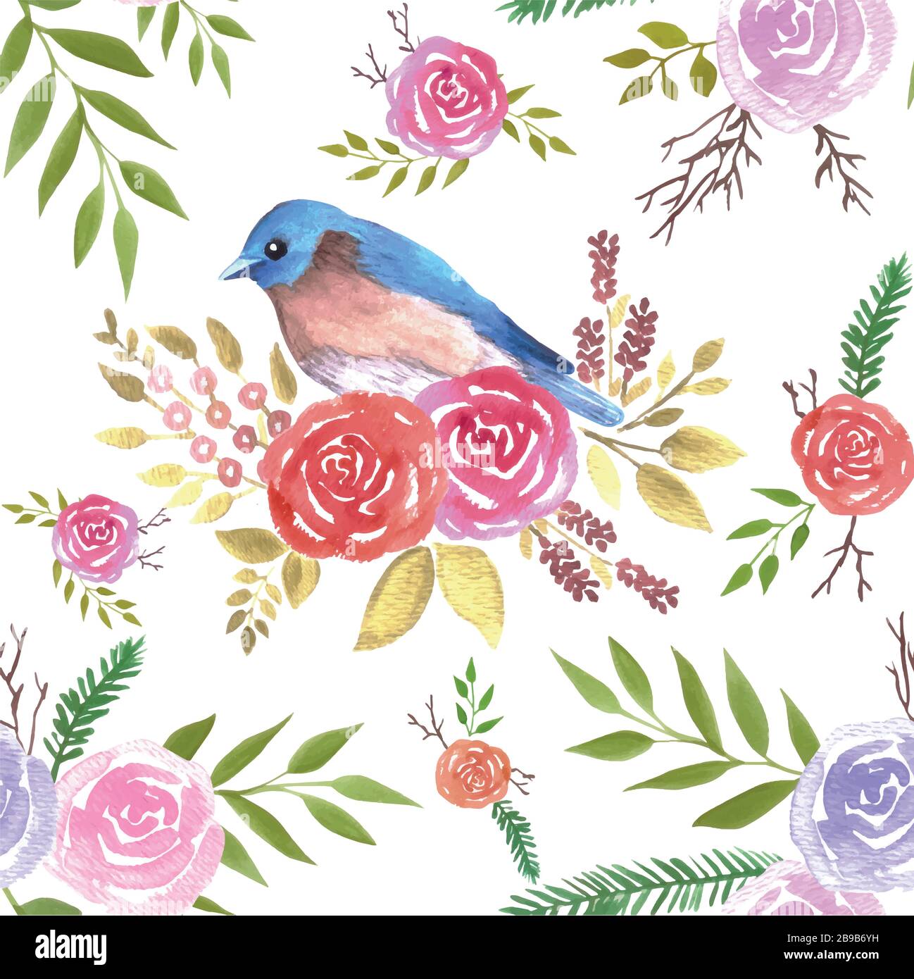 Eastern bluebird or Sialia sialis on seamless rose pattern watercolor background Stock Vector