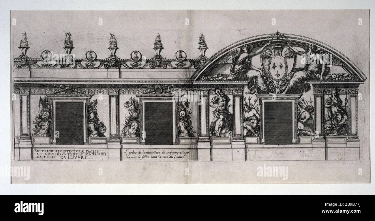 THE ORDER OF THE ARCHITECTURE OF THE THIRD FLOOR OF THE COAST IN THE COURT ROOM LOUVRE Jacques Ier Androuet du Cerceau (1515-1584). 'L'ordre de l'architecture du troisième étage du côté des salles dans la cour du Louvre'. Gravure. Paris, musée Carnavalet. Stock Photo