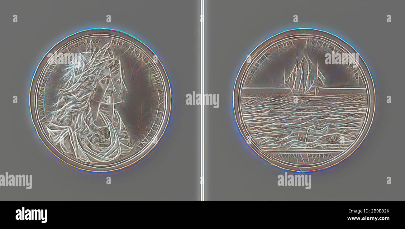 Retrieving silver from a Spanish wreck at Hispaniola, in honor of James II and Mary, King and Queen of England, awarded to the participants of the company, Silver Medal. Obverse: man's bust piece with laurel wreath and woman within a circle. Reverse: ship and boats fishing for the treasure of a shipwreck within a circle, cut: inscription., Hispaniola, Haiti, Dominican Republic, James II (King of England and Scotland), Mary of Modena (Queen of England), George Bower, London, 1687, silver (metal), striking (metalworking), d 5.5 cm × w 67.19 gr, Reimagined by Gibon, design of warm cheerful glowin Stock Photo