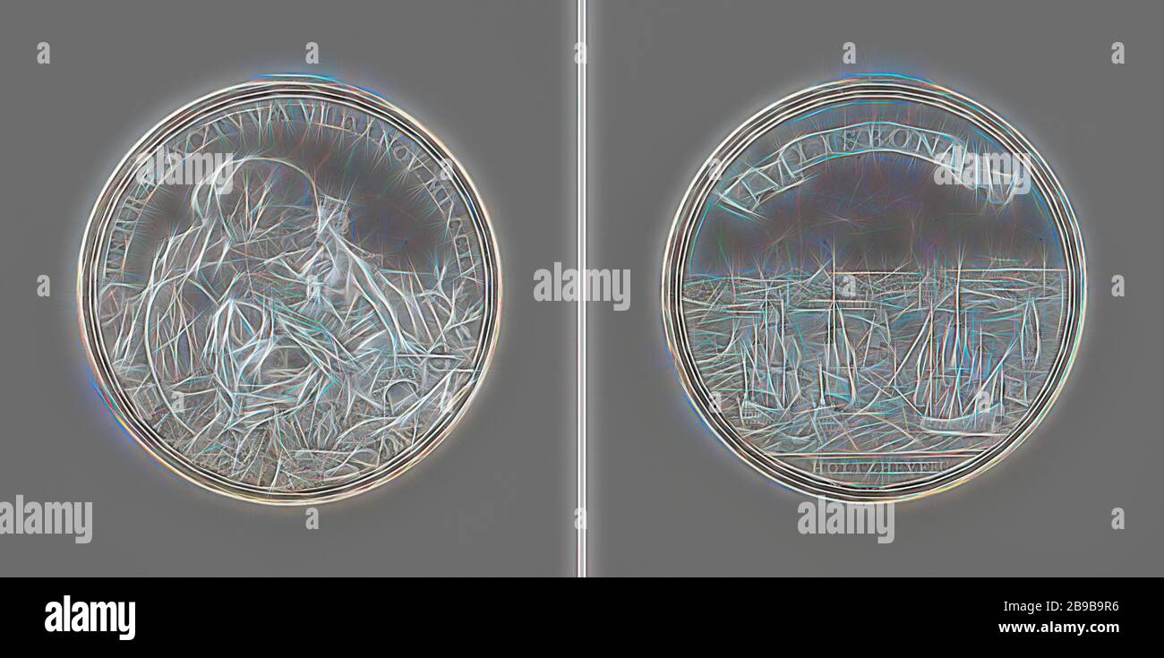 Lisbon earthquake, Silver Medal. Obverse: Lisbon, depicted as a crowned woman, is leaning on a water jug and Mercury staff with a coat of arms in front of them among the ruins of a city within a circle. Reverse: Lisbon city for earthquake, in the foreground ships under pennants with inscription, cut off: signature, Lisbon, Johan George Holtzhey, Amsterdam, 1755, silver (metal), striking (metalworking), d 5.5 cm × w 61.22 gr, Reimagined by Gibon, design of warm cheerful glowing of brightness and light rays radiance. Classic art reinvented with a modern twist. Photography inspired by futurism, e Stock Photo