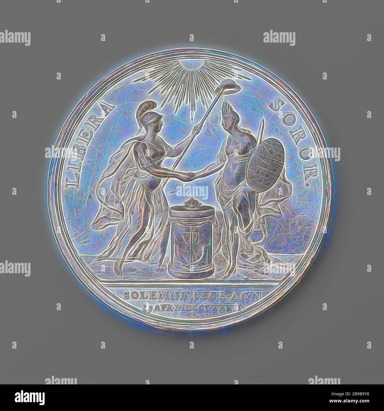 Recognition of the Independence of the United States of America by the States General of the United Netherlands, Silver commemorative medal. Obverse: lit by celestial light, the personification of the Netherlands, depicted as a helmeted woman, and the personification of America, depicted as a woman with feather headdress, sword and shield with thirteen stars, shaking hands with each other above a burning altar, The Netherlands ceases to be a spear of freedom hat over America's head, which chain, with which it was attached to a leopard lying at its feet, has broken within the scope, cut off: in Stock Photo