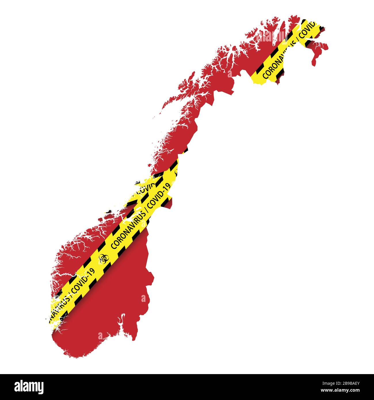 Map of Norway with warning quarantine yellow tape. Danger coronavirus