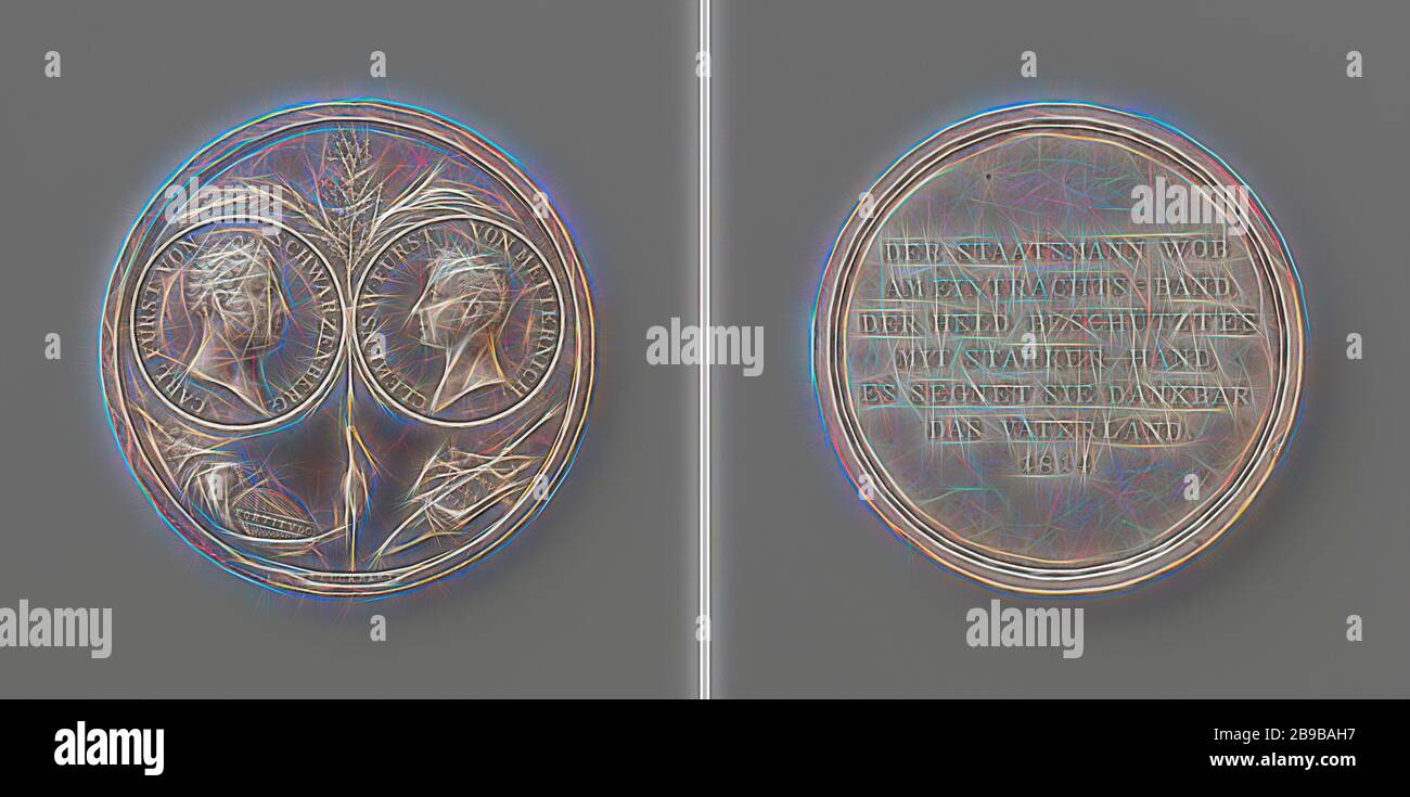 First peace of Paris between France and the Allies, in honor of Karel Philip van Schwarzenberg and Clemens, Prince Metternich, Silver Medal. Front: two portrait medallions with inlays between palm, olive and oak branches, below that a victory sign, stork and ship's rudder, on which lies a book and an owl sits, holding a mirror in claws around which snake snakes. Reverse: inscription, Paris, Karl Philipp zu Schwarzenberg, Klemens Wenzel Lothar Fürst von Metternich, Franz Stuckhart, 1814, silver (metal), striking (metalworking), d 4.3 cm × w 22.55 gr, Reimagined by Gibon, design of warm cheerful Stock Photo