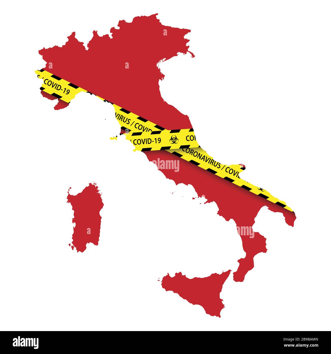 Map of Italy with warning quarantine yellow tape. Danger coronavirus Banner Stock Vector Image
