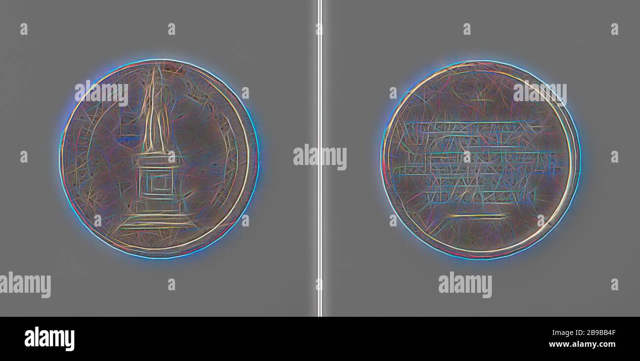 Creation of a monument to Johannes Gutenberg by the inhabitants of Mainz, Penning. Front: statue inside an inscription. Reverse: inscription under star., Mainz, Johannes Gutenberg, Johann Jakob Neuss (der Jüngere), Augsburg, 1837, alloy, striking (metalworking), d 3.3 cm × w 13.78 gr, Reimagined by Gibon, design of warm cheerful glowing of brightness and light rays radiance. Classic art reinvented with a modern twist. Photography inspired by futurism, embracing dynamic energy of modern technology, movement, speed and revolutionize culture. Stock Photo