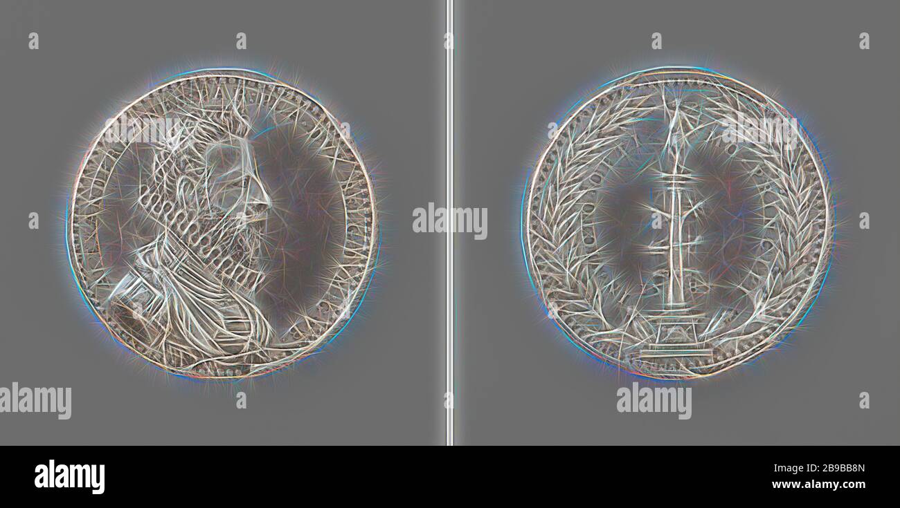 Erezuil founded for the Duke of Parma, Silver Medal. Front: man's bust inside the inside. Reverse: honorary pillar between year within a cover and laurel wreath. Alessandro Farnese (governor of the Netherlands and duke of Parma and Piacenza), governor of the southern Netherlands Albert Casimir, Jacques Jonghelinck (copy after), Antwerp, 1585, silver (metal), striking (metalworking), d 4.8 cm × w 44.74 gr, Reimagined by Gibon, design of warm cheerful glowing of brightness and light rays radiance. Classic art reinvented with a modern twist. Photography inspired by futurism, embracing dynamic ene Stock Photo