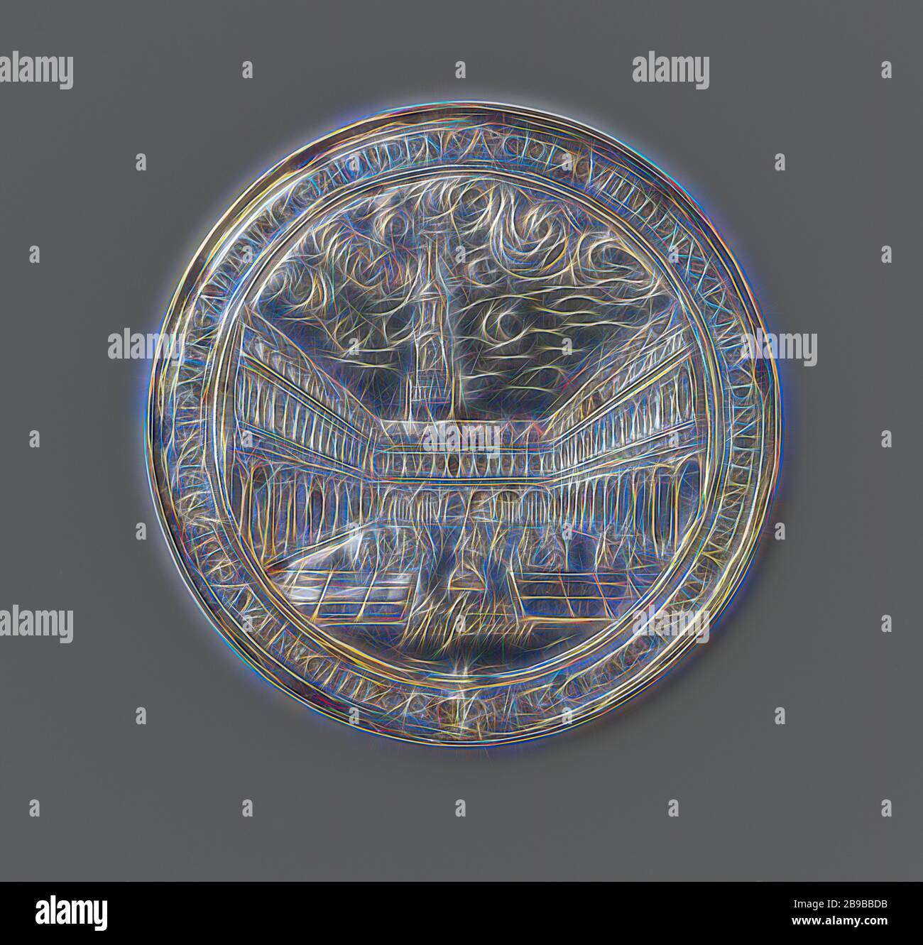 Completion of the Amsterdam stock exchange, Silver Medal. Front: newly established stock exchange building within a circular design. Reverse: inscription with crossed Mercury staff and olive branch below, Amsterdam, anonymous, c. 1400 - c. 1885, silver (metal), engraving, d 7 cm × w 54.70 gr, Reimagined by Gibon, design of warm cheerful glowing of brightness and light rays radiance. Classic art reinvented with a modern twist. Photography inspired by futurism, embracing dynamic energy of modern technology, movement, speed and revolutionize culture. Stock Photo