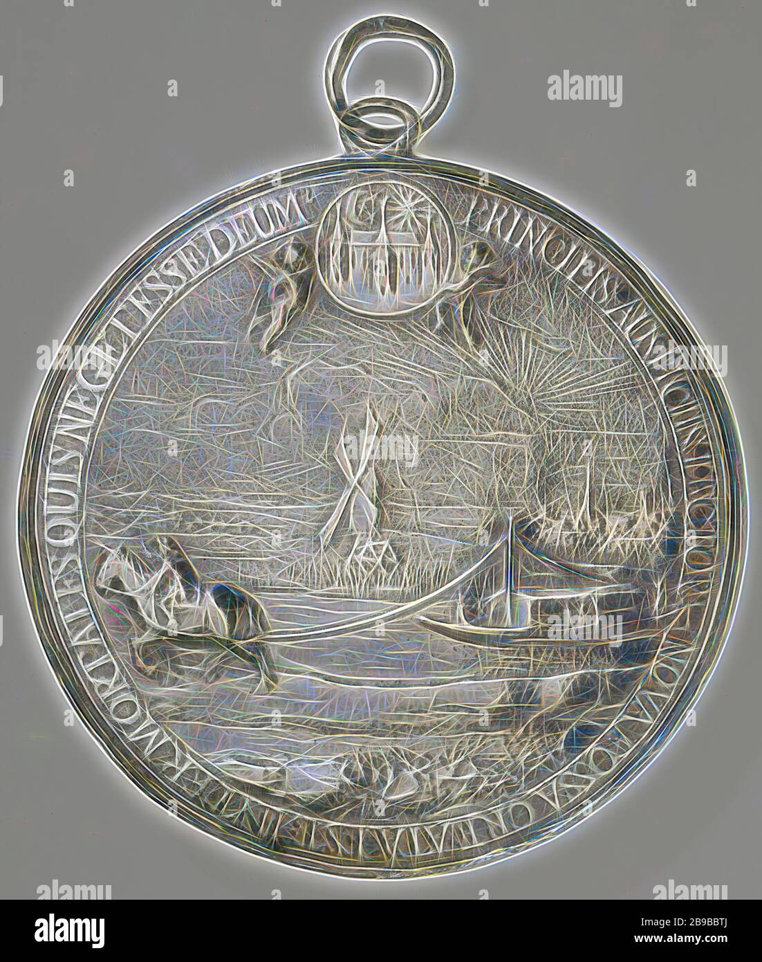 Construction of the hike from Dokkum to Groningen, Silver Medal. Obverse: under bats of arms worn by two angels, the tow barge is pulled by the horse within the inscription. Reverse: inscription inside a coat of arms worn by two angels, Dokkum, Groningen, Stroobossertrekvaart, Johannes Lutma (1624-1689), 1656, silver (metal), founding, h 9.2 cm × h 8.2 cm × w 7.6 cm × t 0.6 cm × w 96.55 gr, Reimagined by Gibon, design of warm cheerful glowing of brightness and light rays radiance. Classic art reinvented with a modern twist. Photography inspired by futurism, embracing dynamic energy of modern t Stock Photo