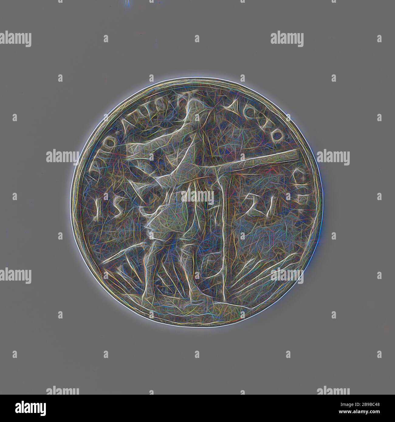 Schutterij van Hoorn, Silver Medal. Front: helmeted shooter holds rudder in hands resting on fork between year, in background: banners, drum, and weaponry within a wrap. Reverse: sitting unicorn with coat of arms in front of him, on the left: helmeted St. George kills on horseback with a spear lying on the ground, on the right: tree-bound and pierced with arrows by St. Sebastiaan, Hoorn (North Holland), anonymous, 1521, silver (metal), founding, d 3.7 cm × w 15.16 gr, Reimagined by Gibon, design of warm cheerful glowing of brightness and light rays radiance. Classic art reinvented with a moder Stock Photo