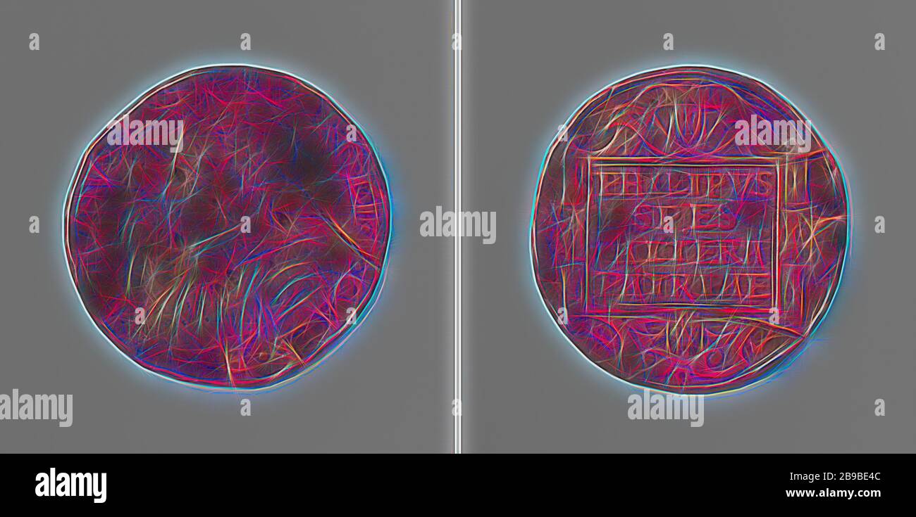 Philip, heir to Spain, lord of the Netherlands, Copper Medal. Front: man's bust inside the inside. Reverse: inscription in decorated compartment, Philip II (King of Spain), anonymous, 1555, copper (metal), striking (metalworking), d 2.8 cm × w 4.33 gr, Reimagined by Gibon, design of warm cheerful glowing of brightness and light rays radiance. Classic art reinvented with a modern twist. Photography inspired by futurism, embracing dynamic energy of modern technology, movement, speed and revolutionize culture. Stock Photo