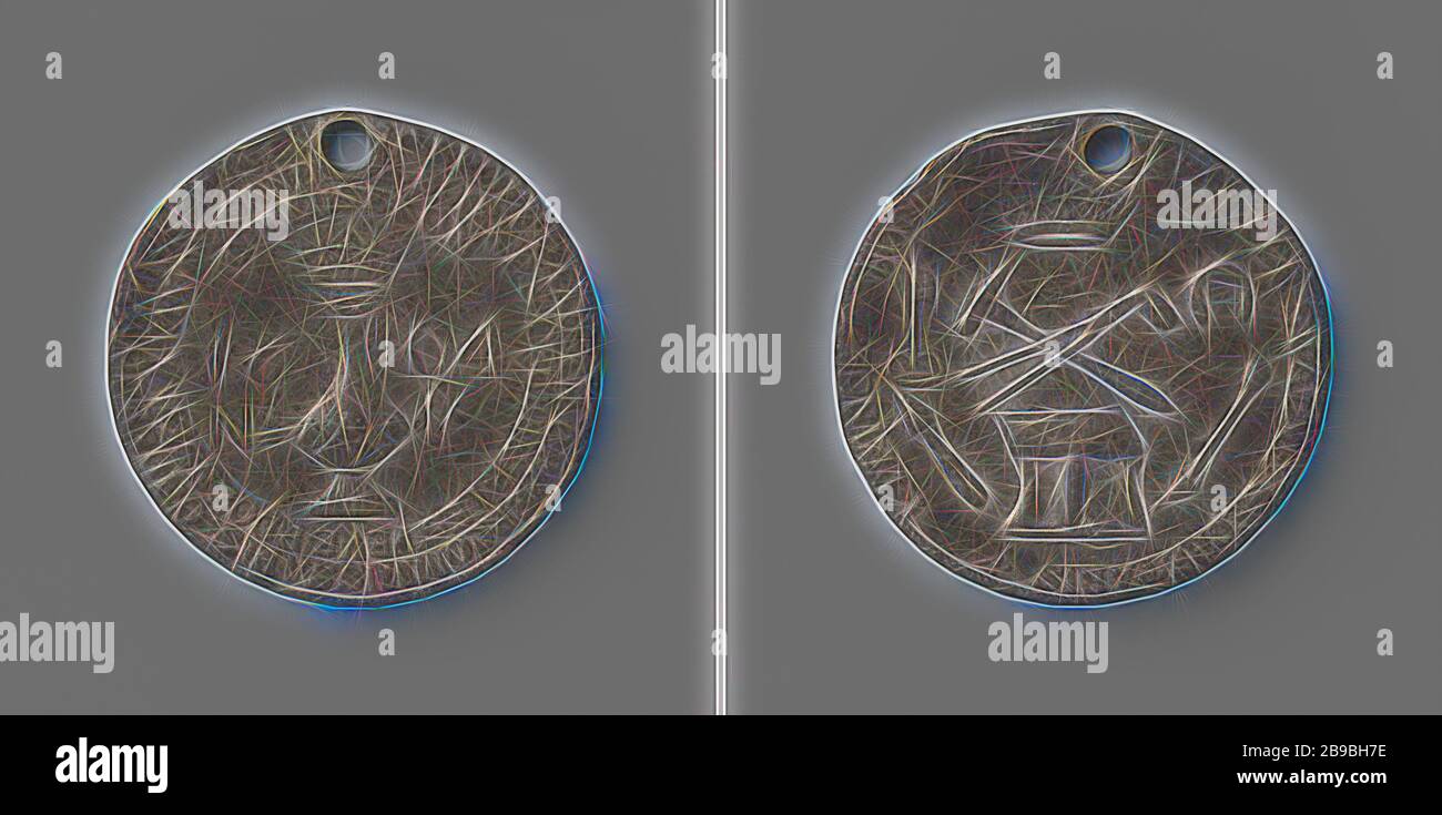 Blacksmith guild of Vlissingen, guild token with no. 17, Lead medal with hole in it. Front: crowned bottle between year and inscription No. 17 within a three-line text. Reverse: crossed tongs and front hammer above anvil under crown, surrounded by key, trowel, horseshoe and arrow inside an inscription, Flushing, J.C. Kroef, B. Bliek, P. Strubbe, P.I. Esteve, P. Doensen, A. van de Sande, C. Beusekom, A. van der Swalme, I. Prince, anonymous, 1806, engraving, d 5.4 cm × w 54.85 gr, Reimagined by Gibon, design of warm cheerful glowing of brightness and light rays radiance. Classic art reinvented w Stock Photo