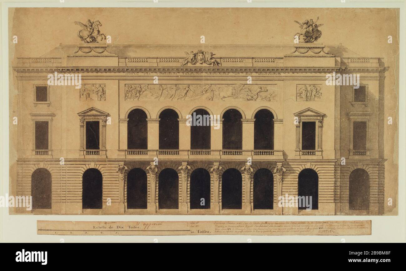 Project for the main facade of the Odeon in 1873 Moreau-Desproux (mort en 1793). Élévation de l'Odéon, projet pour la façade principale, 1773. Dessin. Paris, musée Carnavalet. Stock Photo