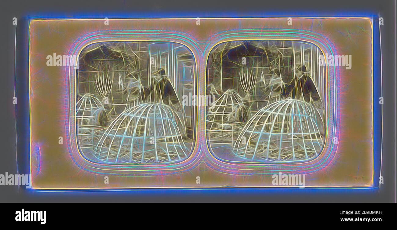 Outdoor table: two boys with crinoline skirts converted into bird cages, two angry women in the background, EL, 1865, Reimagined by Gibon, design of warm cheerful glowing of brightness and light rays radiance. Classic art reinvented with a modern twist. Photography inspired by futurism, embracing dynamic energy of modern technology, movement, speed and revolutionize culture. Stock Photo