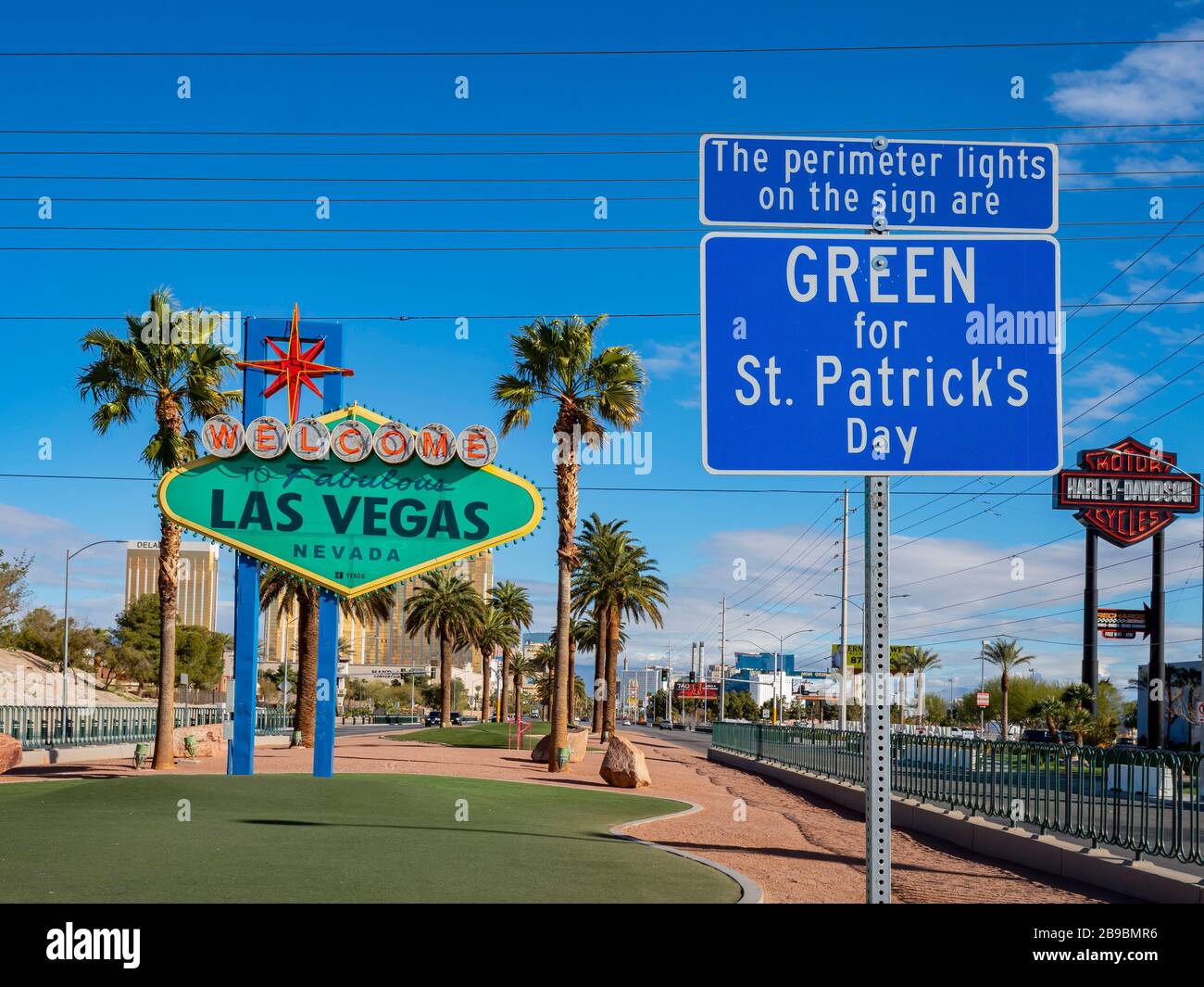 Las Vegas, MAR 17, 2020 - St Patrick's Day special version of the Welcome to Fabulous Las Vegas Sign Stock Photo
