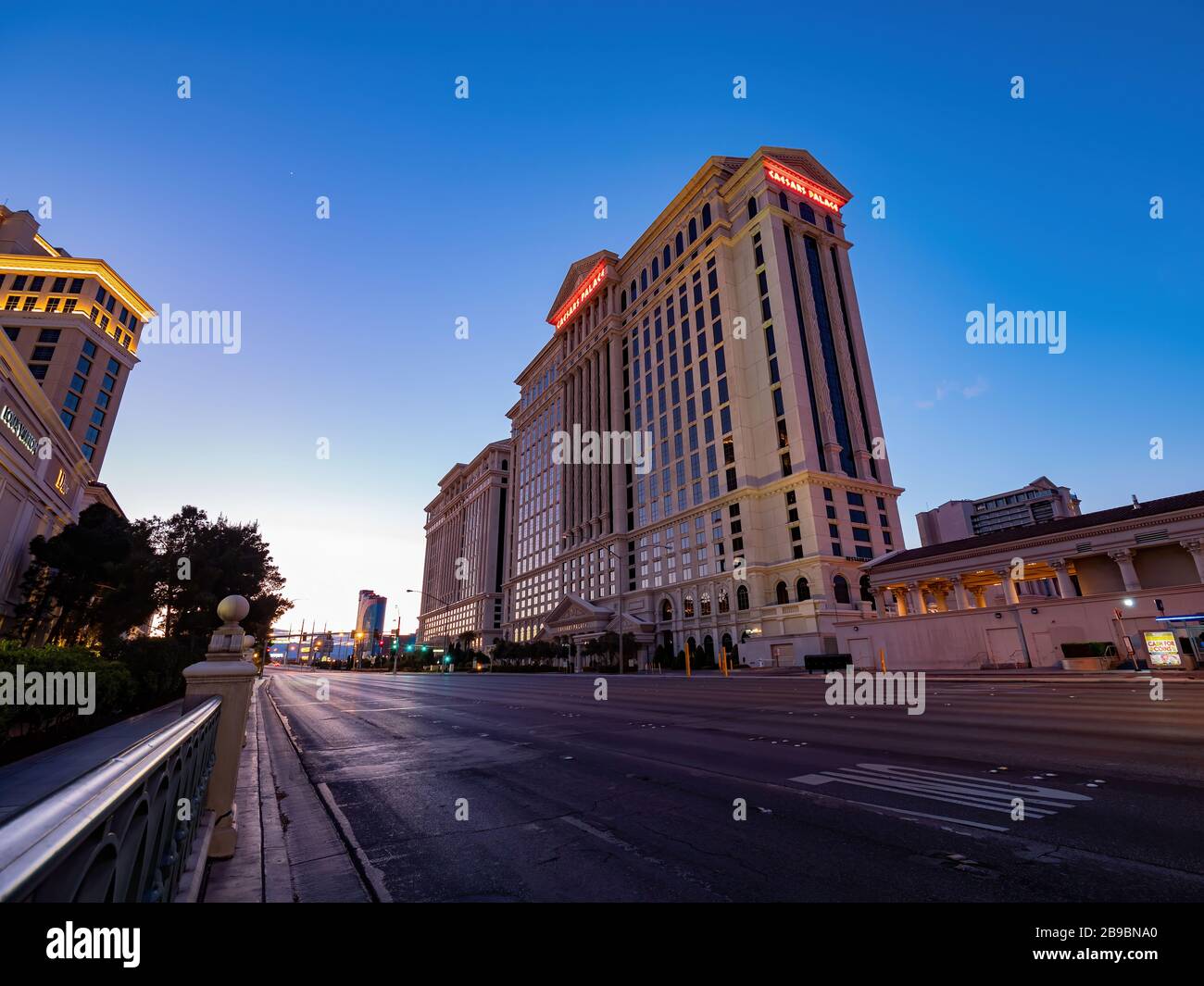 Las Vegas, MAR 23, 2020 - Dusk special lockdown cityscape of the famous Strip with Caesars Palace Stock Photo