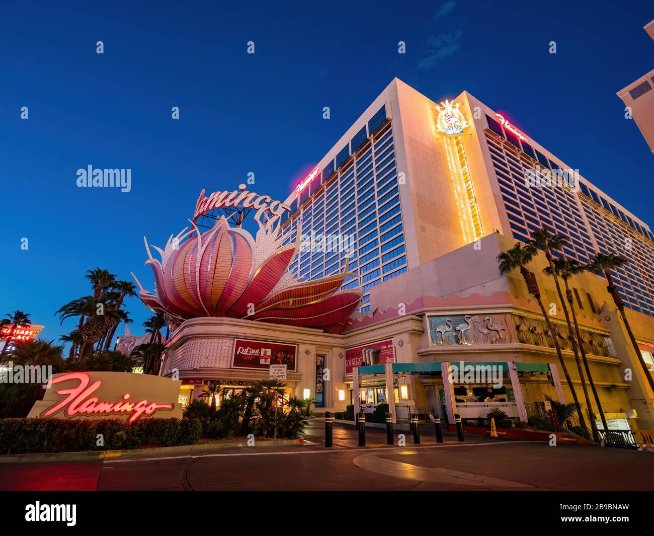 Las Vegas, MAR 23, 2020 - Dusk special lockdown cityscape of the famous Strip with Flamingo Casino Stock Photo