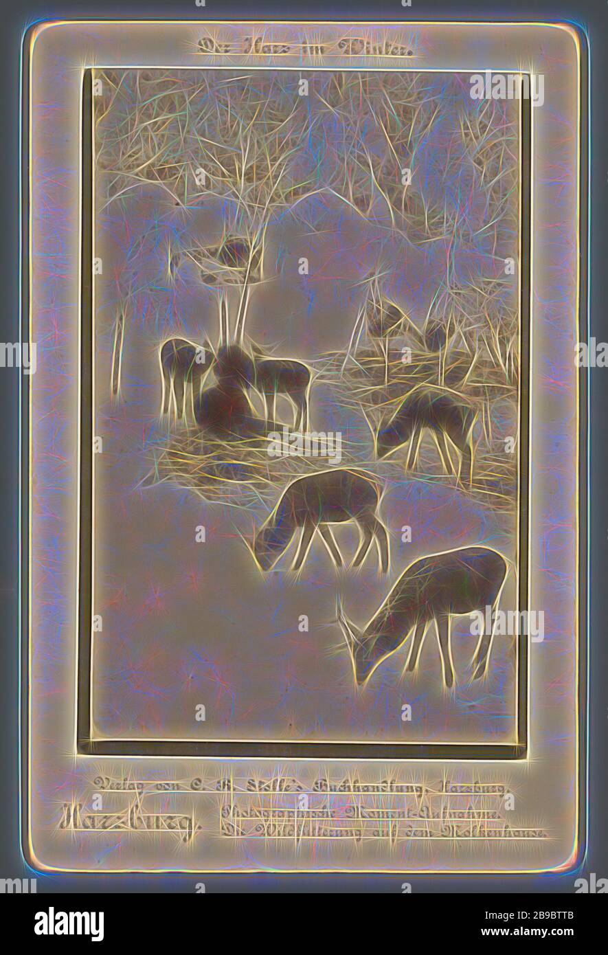 Wild deer are fed in the Harzburg winter. Photographic Moment-Aufnahme. Die Wildfutterung on the Molkenhause (title on object) Der Harz in winter (series on object object), bridge in city across river, canal, etc., feeding wild animals in winter, Harwich, A. Wille (mentioned on object), Harzburg, 1850 - 1900, cardboard, photographic paper, albumen print, h 166 mm × w 107 mm, Reimagined by Gibon, design of warm cheerful glowing of brightness and light rays radiance. Classic art reinvented with a modern twist. Photography inspired by futurism, embracing dynamic energy of modern technology, movem Stock Photo