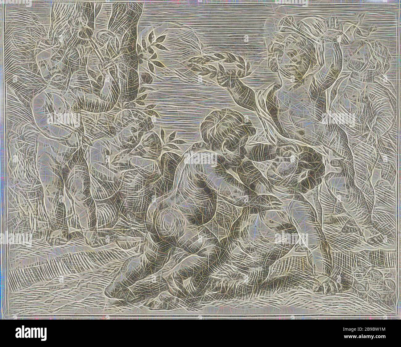 Fighting putti Fight between virtue and vice, Two fighting putti in the foreground symbolize the struggle between virtue and vice. To the right is a putto with laurel wreath ready for the victor, to the left is a putto with a caduceus. In the background, a putto blows the trumpet, another putto holds a bird in his arms, figure representing a Virtue. a Vice, cupids: 'amores', 'amoretti', 'putti', Peter van Lint, 1619 - 1690, paper, etching, h 156 mm × w 126 mm, Reimagined by Gibon, design of warm cheerful glowing of brightness and light rays radiance. Classic art reinvented with a modern twist. Stock Photo