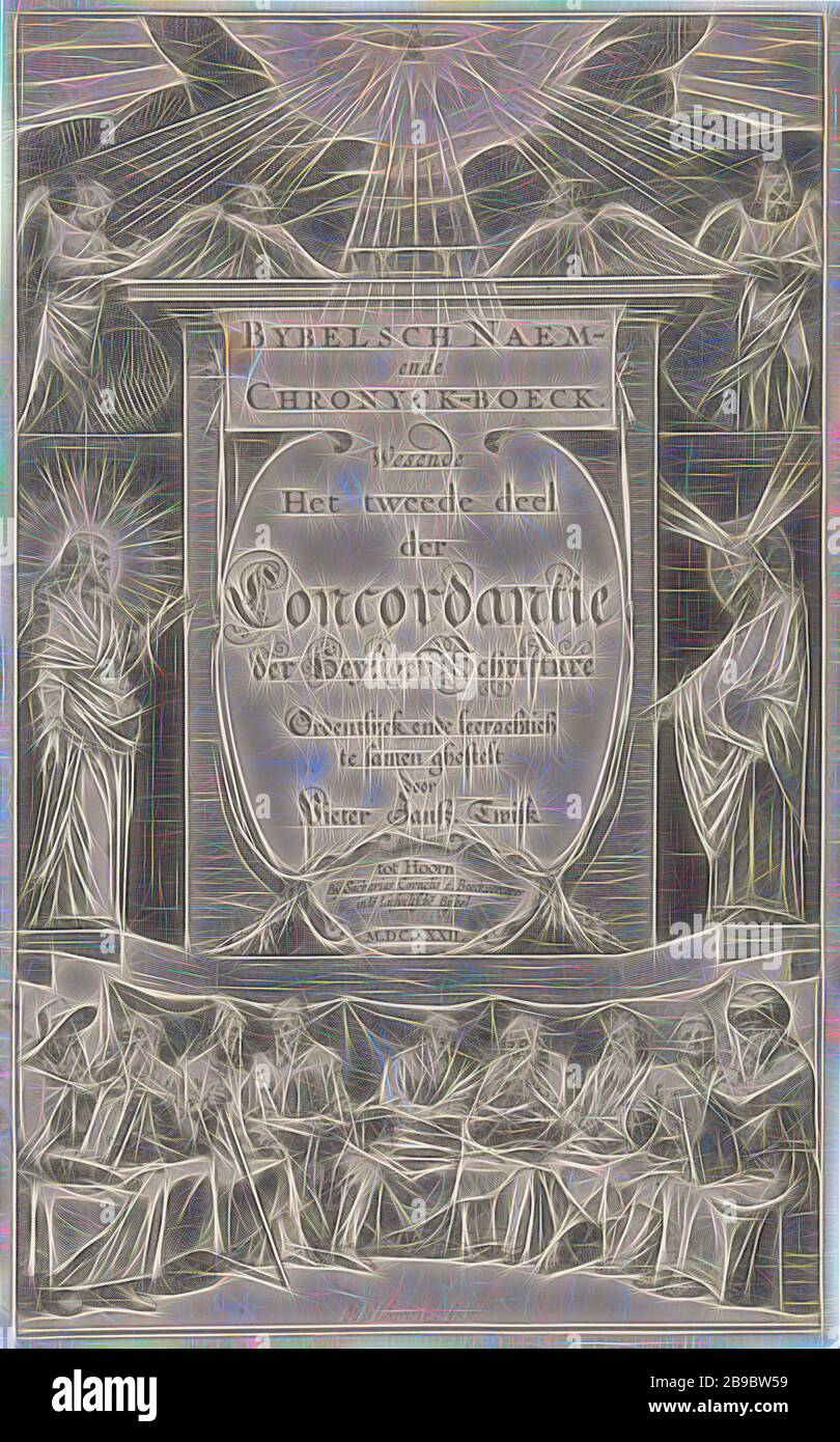 Title page for 'Bible Bible and Chronicle Book, 1632 Bible Bible and Chronicle Book (title on object), Central the title of the book in a cartouche. On either side of the title Christ and Moses. Above the cartouche angels and the Holy Spirit as a pigeon. Under the cartouche various figures from the Old and New Testament., Prophets, sibyls, evangelists, Doctors of the Church, persons, the Bible (not in biblical context), Christ, Moses (not in biblical context), possible attributes: rays of light or horns on his head, rod, Tables of the Law, Holy Ghost represented as a dove (in flames) (angel (s Stock Photo