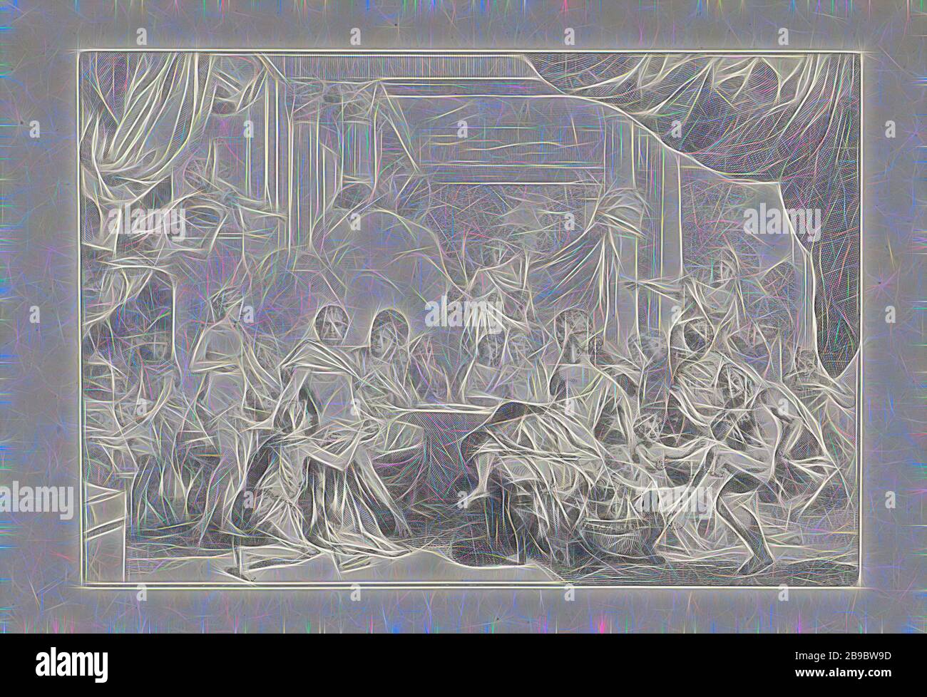 Wedding of Peleus and Thetis, At the wedding of Peleus and Thetis, most of the guests sit at the large table and others frolic around a bit. While Momus is dancing, Mercury Jupiter, who is sitting next to Juno, offers an apple. In the background you can see a cloud with the two peacocks of Juno, (story of) Mercury (Hermes), wedding feast, wedding meal, attributes of Juno, Johann Wilhelm Kaiser (I), 1823 - 1900, paper, etching, h 186 mm × w 265 mm, Reimagined by Gibon, design of warm cheerful glowing of brightness and light rays radiance. Classic art reinvented with a modern twist. Photography Stock Photo