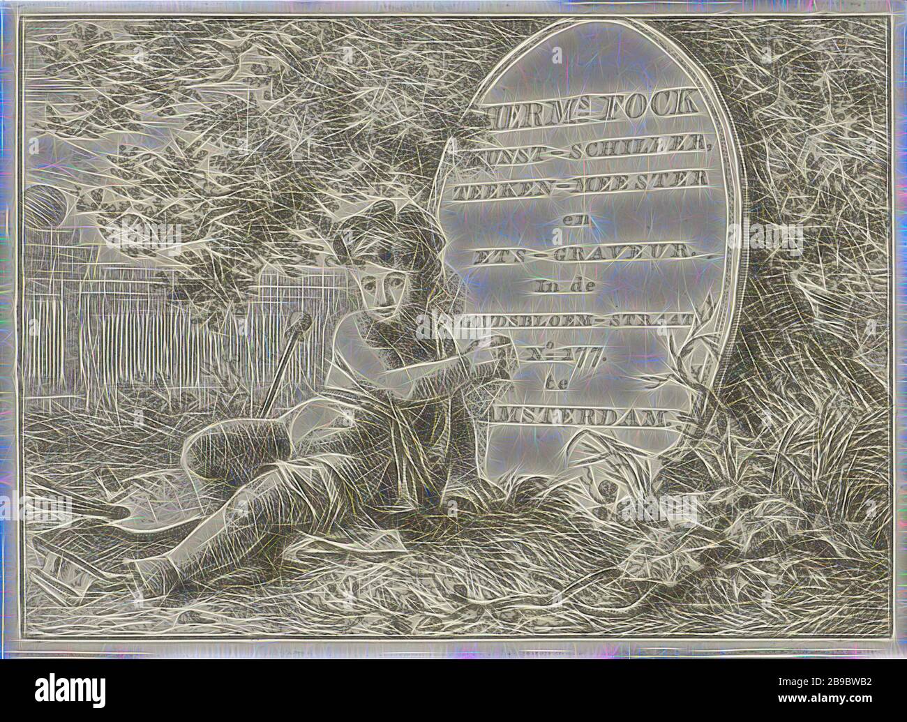 Visiting card of Hermanus Fock, A putto, as a personification of painting, sits with painting