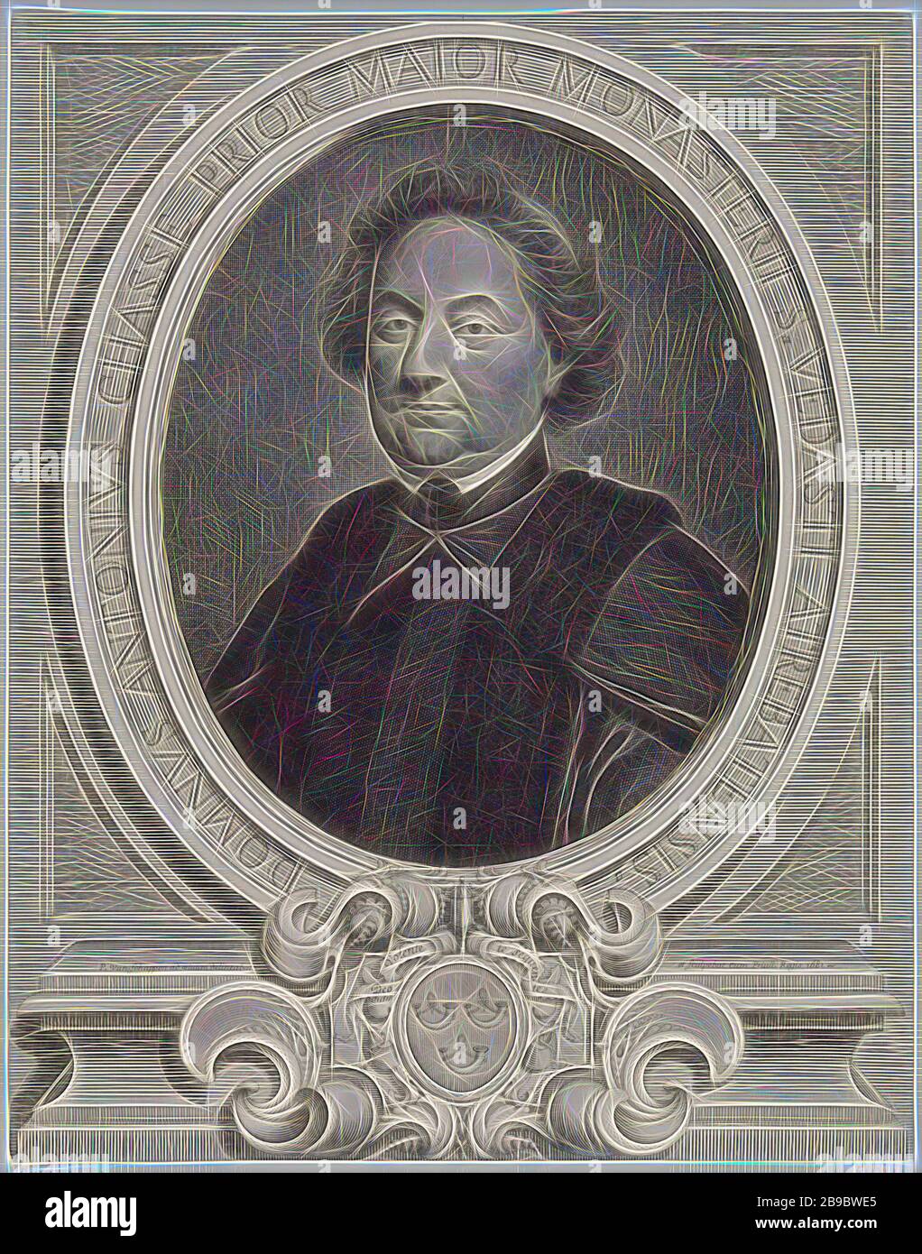 Portrait of Antoine de Chasse, Grand Prior of the Abbey of St, Vaast in Arras, Antoine de Chasse, Pieter van Schuppen (mentioned on object), Paris, 1681, paper, engraving, h 341 mm × w 270 mm, Reimagined by Gibon, design of warm cheerful glowing of brightness and light rays radiance. Classic art reinvented with a modern twist. Photography inspired by futurism, embracing dynamic energy of modern technology, movement, speed and revolutionize culture. Stock Photo