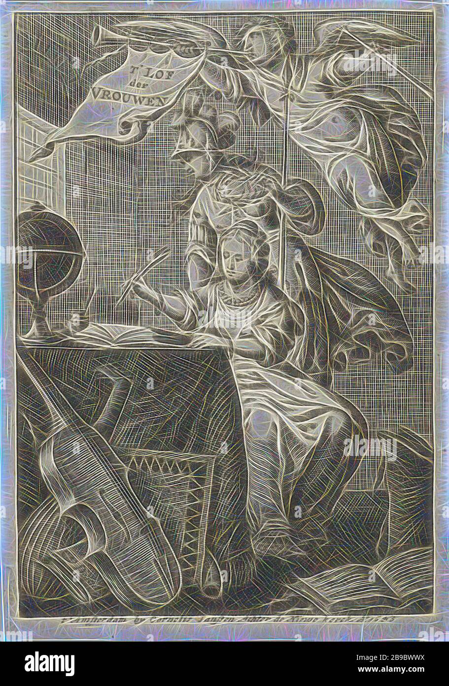 Woman writes at the table in the presence of Minerva and Faam with praise trumpet Title page for: T 'Lof der vrouw, Amsterdam 1643 T' Lof van Vrouwen (title on object) globe state. Minerva looks over her shoulder and holds laurel wreath. The seated lady's foot rests on a turtle, possibly she can be identified as Venus Urania as a symbol of domesticity. Fame blows on praise trumpet with banner on which the title is written. On the floor are musical instruments and an embroidery frame, (story of) Minerva (Pallas, Athena), Fame, 'Fama', 'Fama buona', 'Fama chiara' (Ripa), Cornelis van Dalen (I) ( Stock Photo